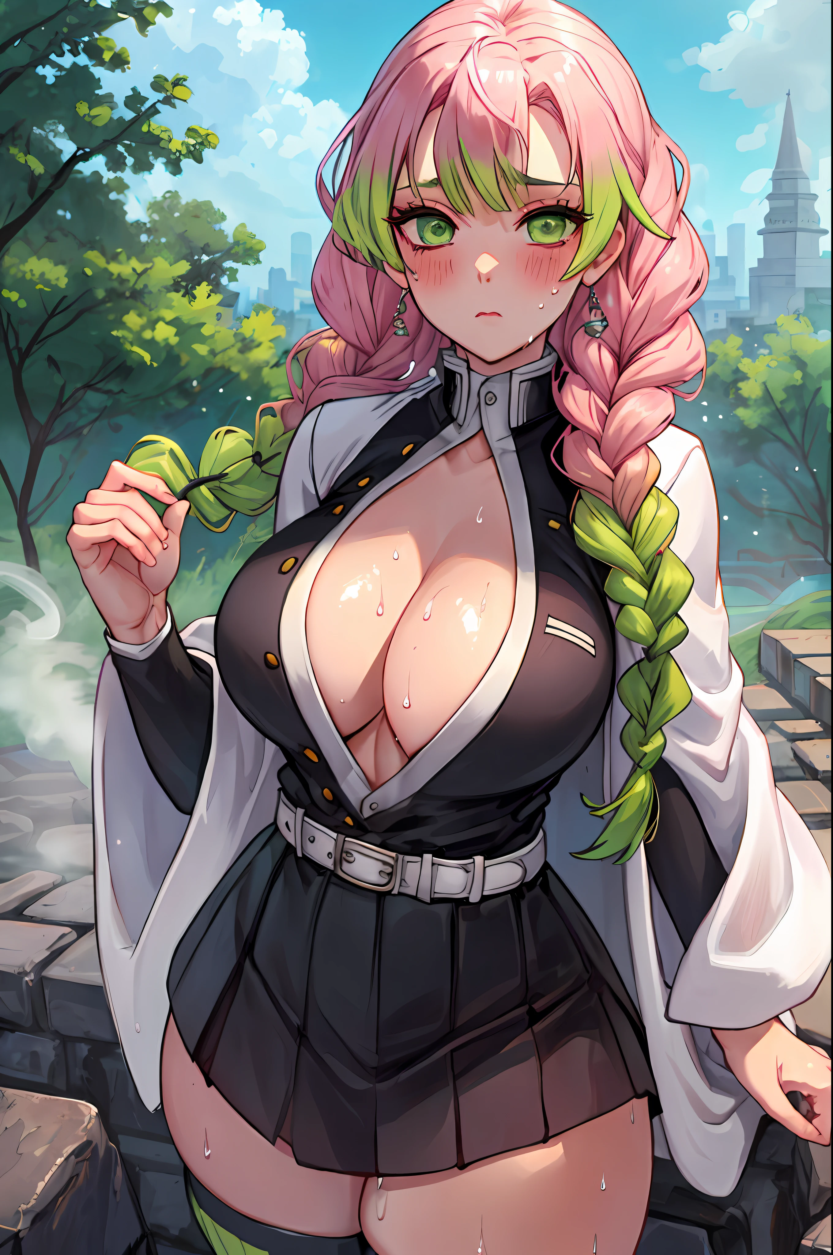 beautiful, (best quality, masterpiece, super detailed: 1.5), perfect lighting, shiny, hires, nature, cobblestone, steam, blue sky, in the distance, whole body, face focus, 1girl, Mitsuri (demon slayer), beautiful girl, beautiful face ((Mitsuri (demon slayer))), a girl with long green-pink gradient hair and green eyes in a long-sleeved jacket with a neckline, white haori, a black skirt with a silver belt and green striped hips,   pink hair, green hair, gradient hair, multicolored hair, long hair, bangs, double braids, green eyes, demon slayer uniform, long sleeve jacket, white haori, black skirt, silver belt, green striped thighs, blush, sweat, realistic, chest, wide hips, (thick barbells: 0.9), décolleté, standing, hands behind your back, viewer look, erotica