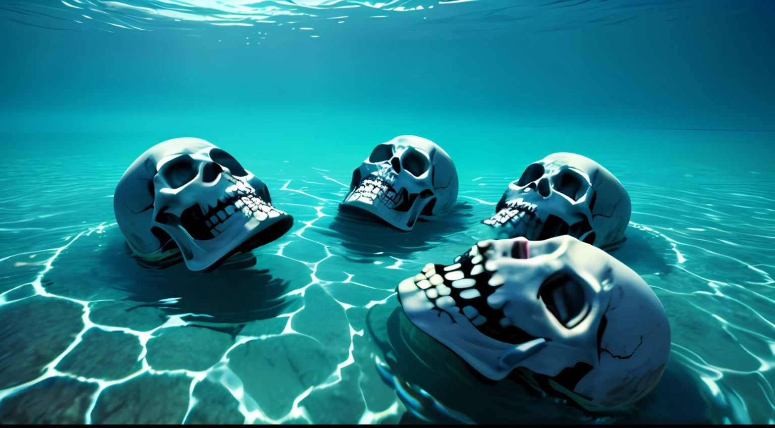 four skeletons submerged in a gleaming fluorescent lake, skeletons filling with skin, beauty, realistic, elegant, surrealism, high detail, supremacy, cinematic lighting, ray tracing, shadow, uhd, retina, masterpiece, octane render, redshift render, Anatomically correct, textured, super detail, high detail, high quality, award-winning, best quality, high resolution, 1080P, 16k, 8k, 4K, HD