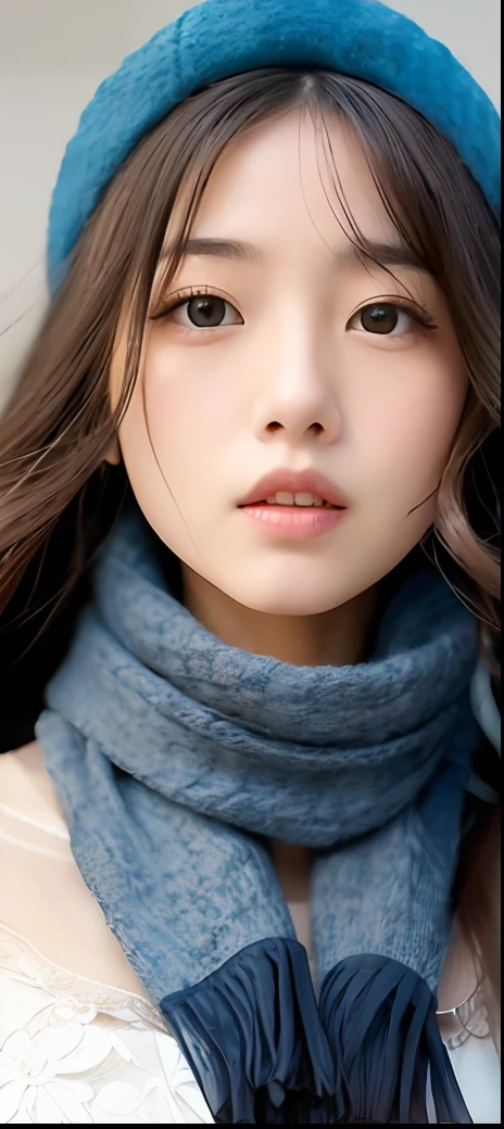 a close up of a woman with a blue scarf on her head, beautiful japanese girls face, feminine beautiful face, 奈良美智, beautiful south korean woman, extremely beautiful face, beautiful delicate face, sakimichan, asian beautiful face, lovely delicate face, magazine photo, japanese model, deayami kojima