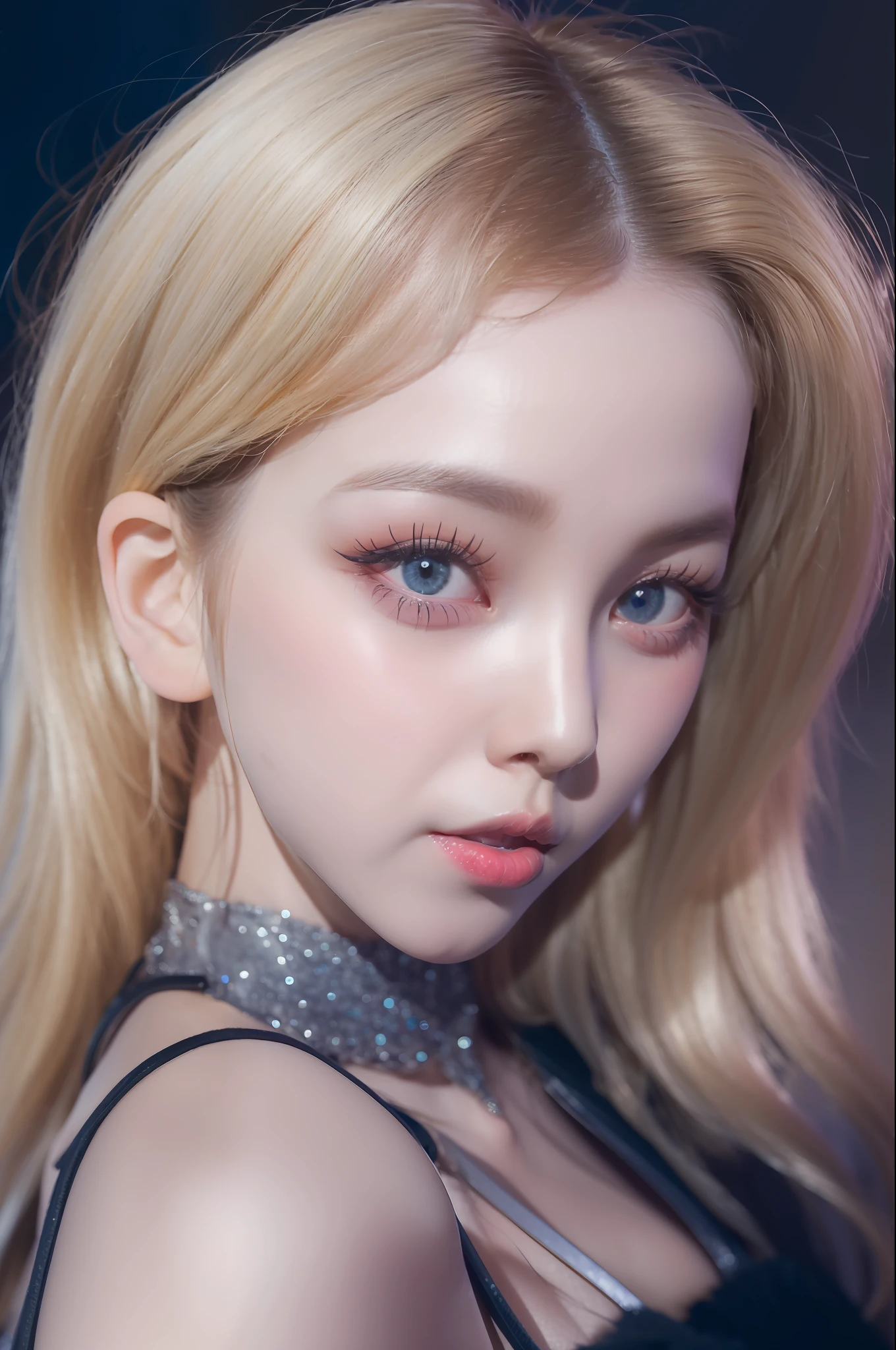 (8k, 4k, best quality, highres, ultra high res:1.1), (masterpiece, realistic, photo-realistic:1.1), 1girl,  face, close-up, twintails, blonde hair, black eyes, red lips,  (looking at viewer:2), absurdly long hair, long eyelashes, eyeshadow,  small face, big eyes,
bare shoulders,
high contrast,