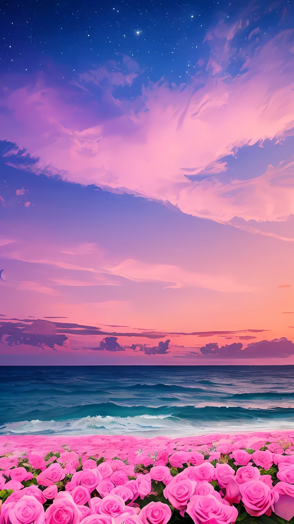 Pink moon, pink sky, soft pink clouds, pink ocean waves sparkling, sparkling, pink roses on pink ocean, fantasy, diamond, crown, universe, soft lights, --auto