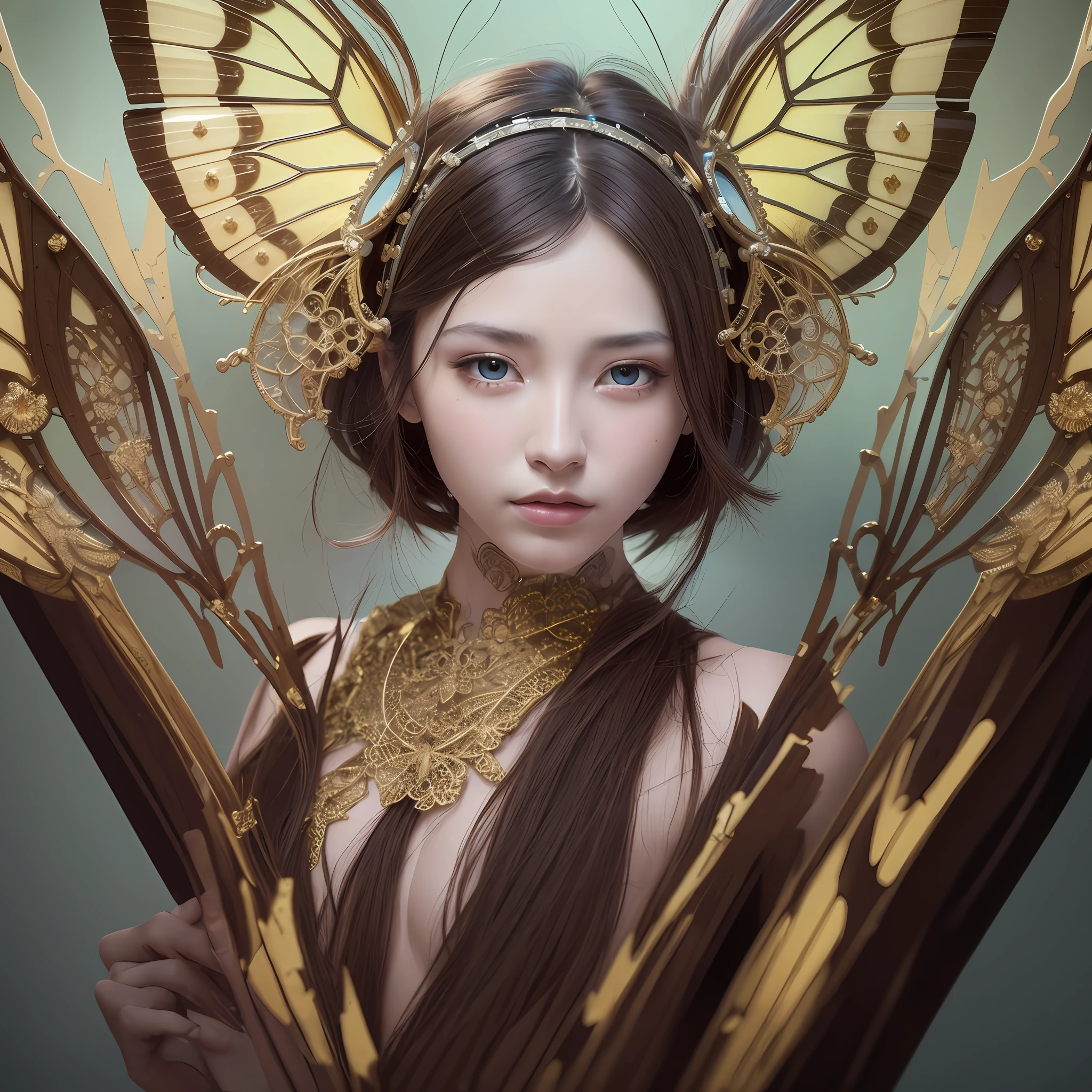 8k Portrait of a Beautiful Cyborg with Brown Hair, Bust, Upper Body, Nudity, Nudity, Sexy, Intricate, Elegant, Highly Detailed, Majestic, Digital Photography, Surrealist Painting Golden Butterfly Filigree, Broken Glass, (Masterpiece, Side Light, Delicate Beautiful Eyes: 1.2 ), Human Development Report,
