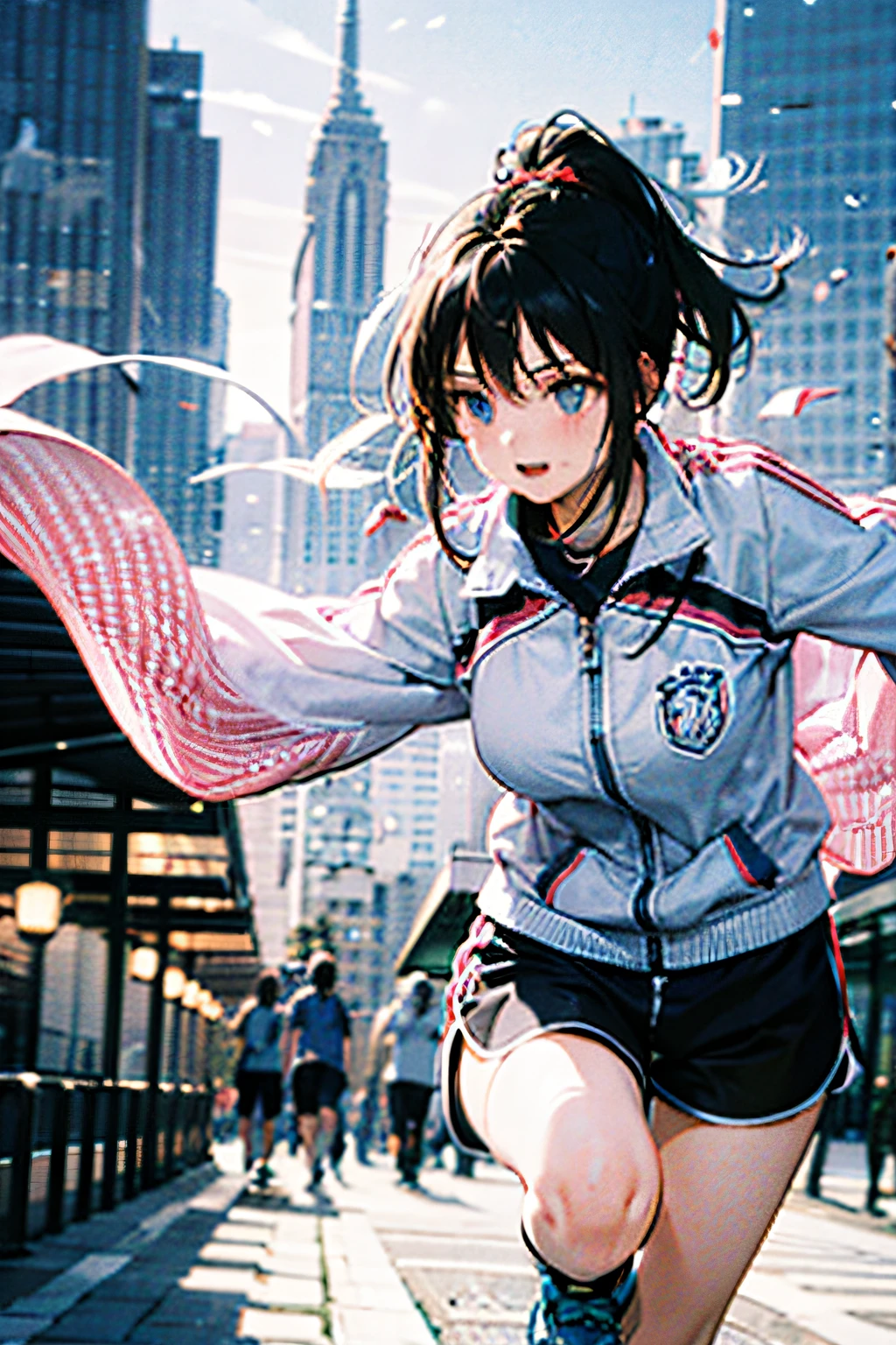 1 girl, solo, running, Gray Track Top, pink shorts, ponytail, athletic build, dynamic brushstrokes, fluid movement, capturing the essence of her athleticism and energy, using light colors and soft tones to create a dreamy and ethereal atmosphere, portraying the motion and grace of running, showing the wind blowing her ponytail and clothes, and the scenery of her surroundings.
outdoors, detailed background, Modern metropolis,