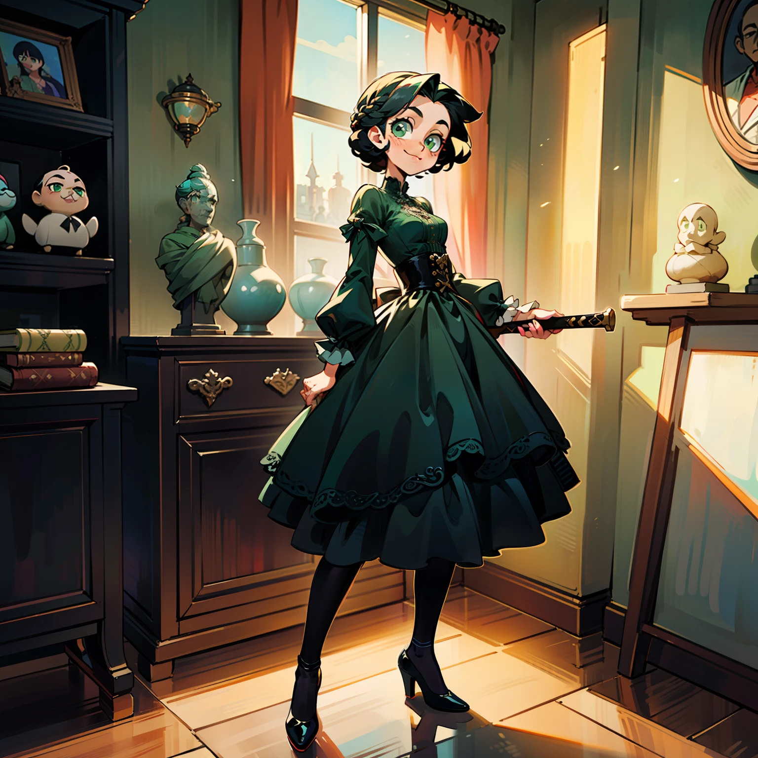 high quality, extremely detailed, lots of image quality, display high quality, beautiful young girl, young girl , girl 16 yearsody image, full body girl, goth girl, girl with short hair, short hair up to neck, curly hair, black hair, hair with braid on the right side of the head, braid on the right side of the head, light green eyes, green eyes, girl wearing black lolita gothic dress, , girl posing standing inside antique shop, antique shop interior, girl posing smiling for photo, shop with antique items, antique vases, antique books, antique statues, small antique statues, antique weapons in antique shop, beautiful anime girl, small breasts, beautiful breasts, striking breasts, small-breasted goth girl, retro anime style, 80's anime, 80's retro anime, vibrant colors and solid shadows