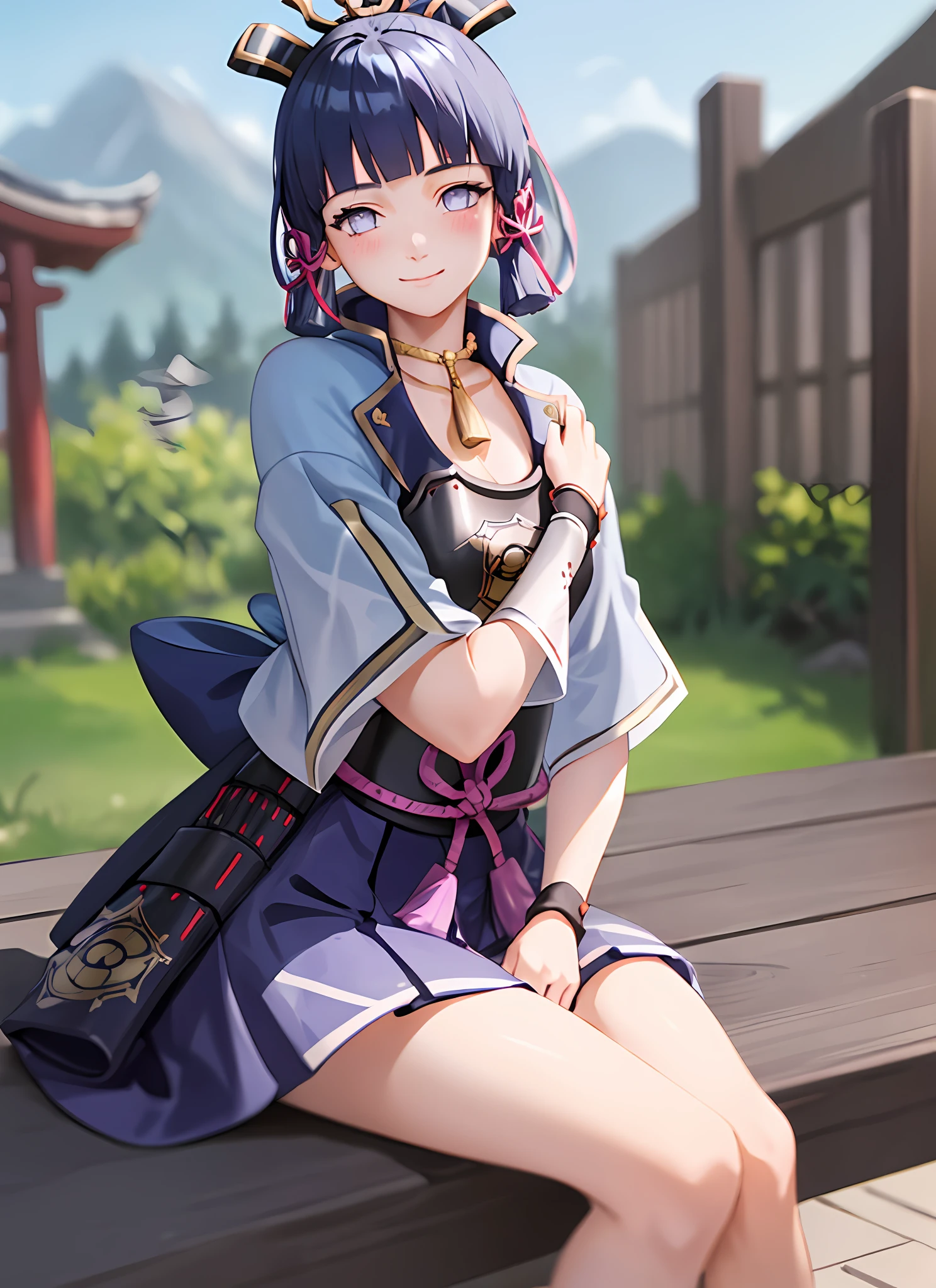 kamisatoayakadef, full body, sitting, smile, blush, outdoors, day, simple background, blue sky, short hair, sky, temple, looking at viewer, sitting on stairs, mountain, moody lighting, purple eyes, dark blue hair, hinata hyuga as kamisato ayaka
