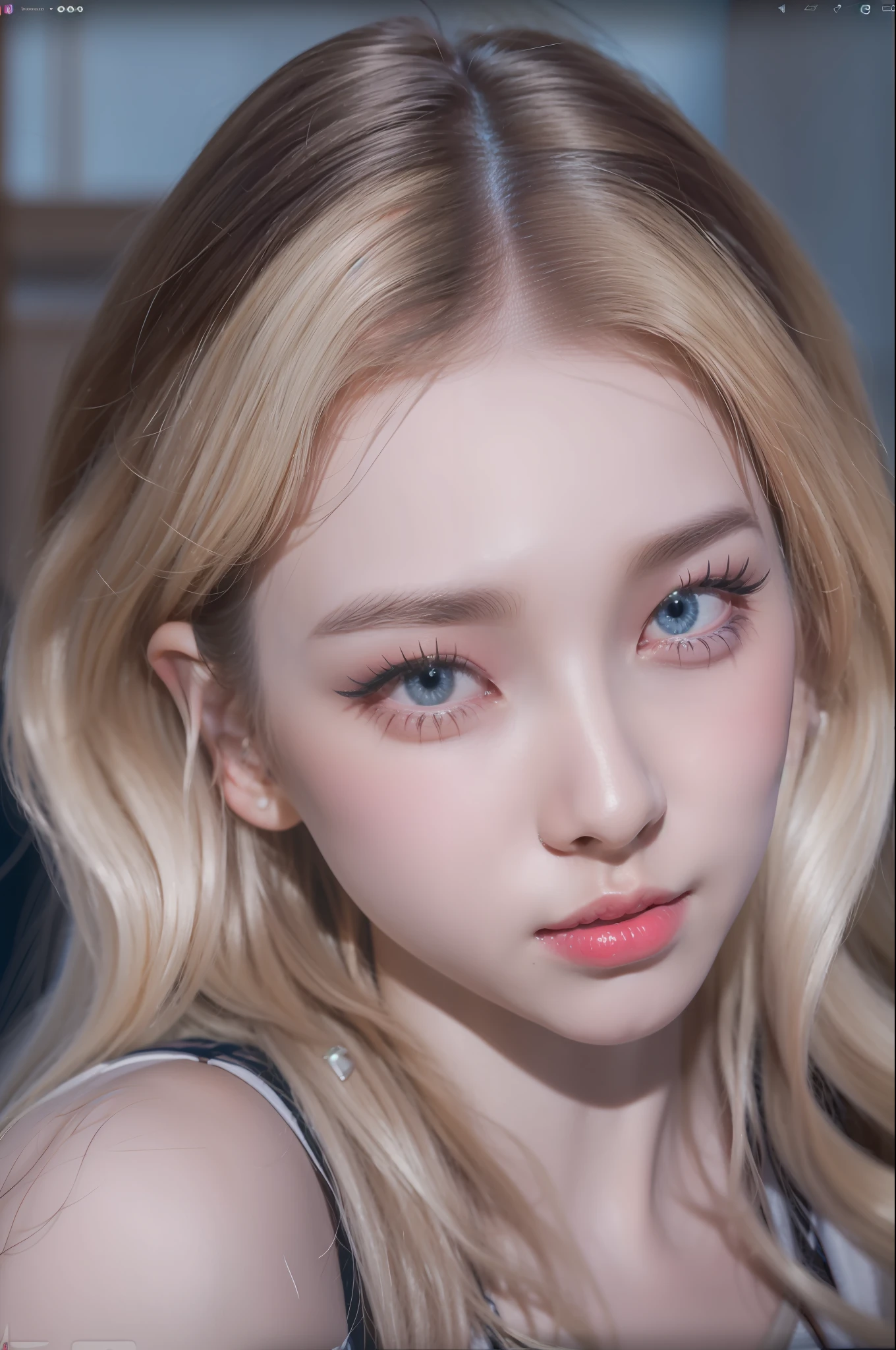 (8k, 4k, best quality, highres, ultra high res:1.1), (masterpiece, realistic, photo-realistic:1.1), 1girl,  face, close-up, twintails, blonde hair, black eyes, red lips,  (looking at viewer:2), absurdly long hair, long eyelashes, eyeshadow,  small face, big eyes,
bare shoulders,
high contrast,