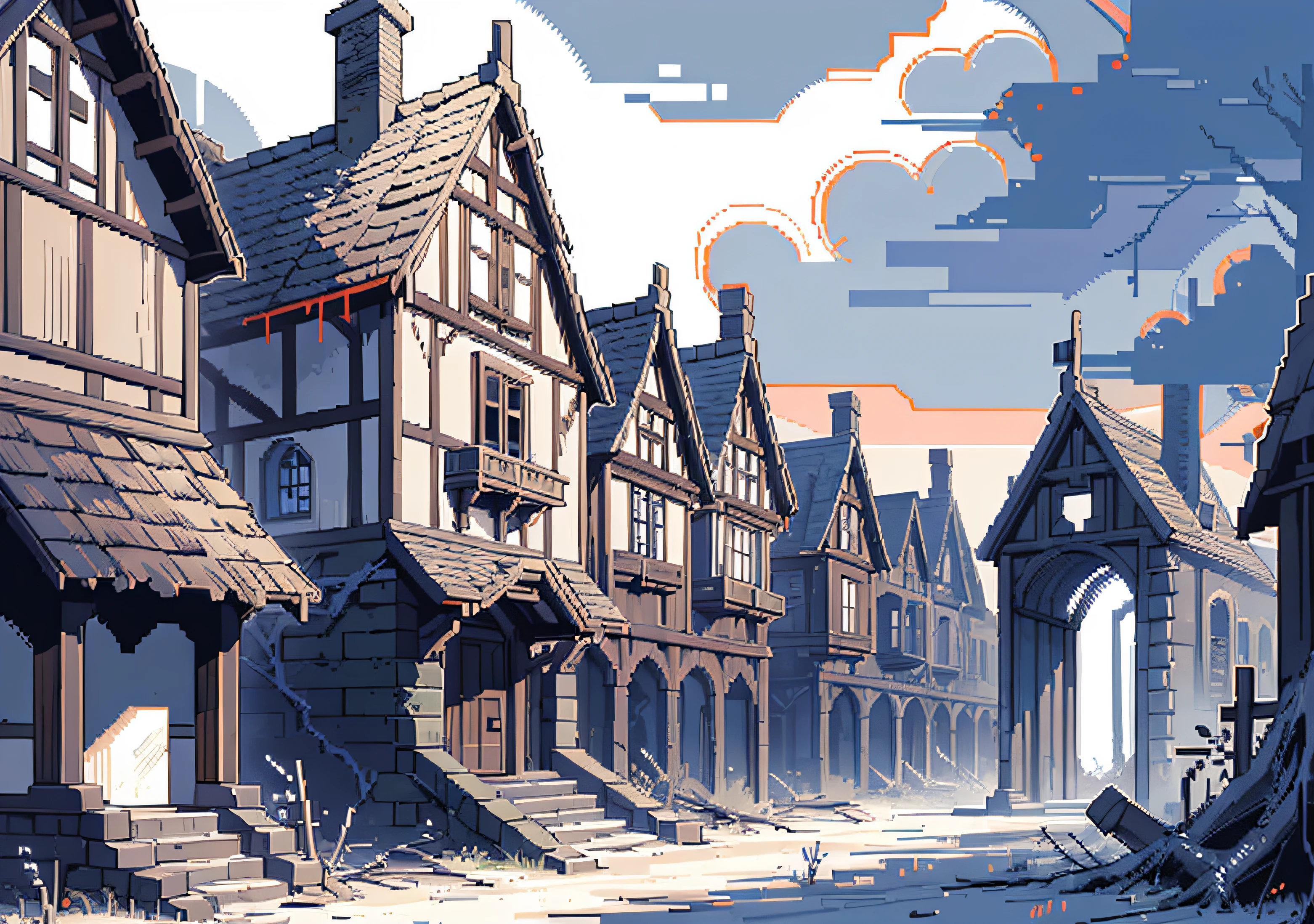 (gothic village), (pixel) (pixel art) (pixel style) crumbling architecture, dead vines cling to stone, pixel art, horror, village, middle ages, cloudy, gothic, lowres, pixelated, limited palette, dither shading