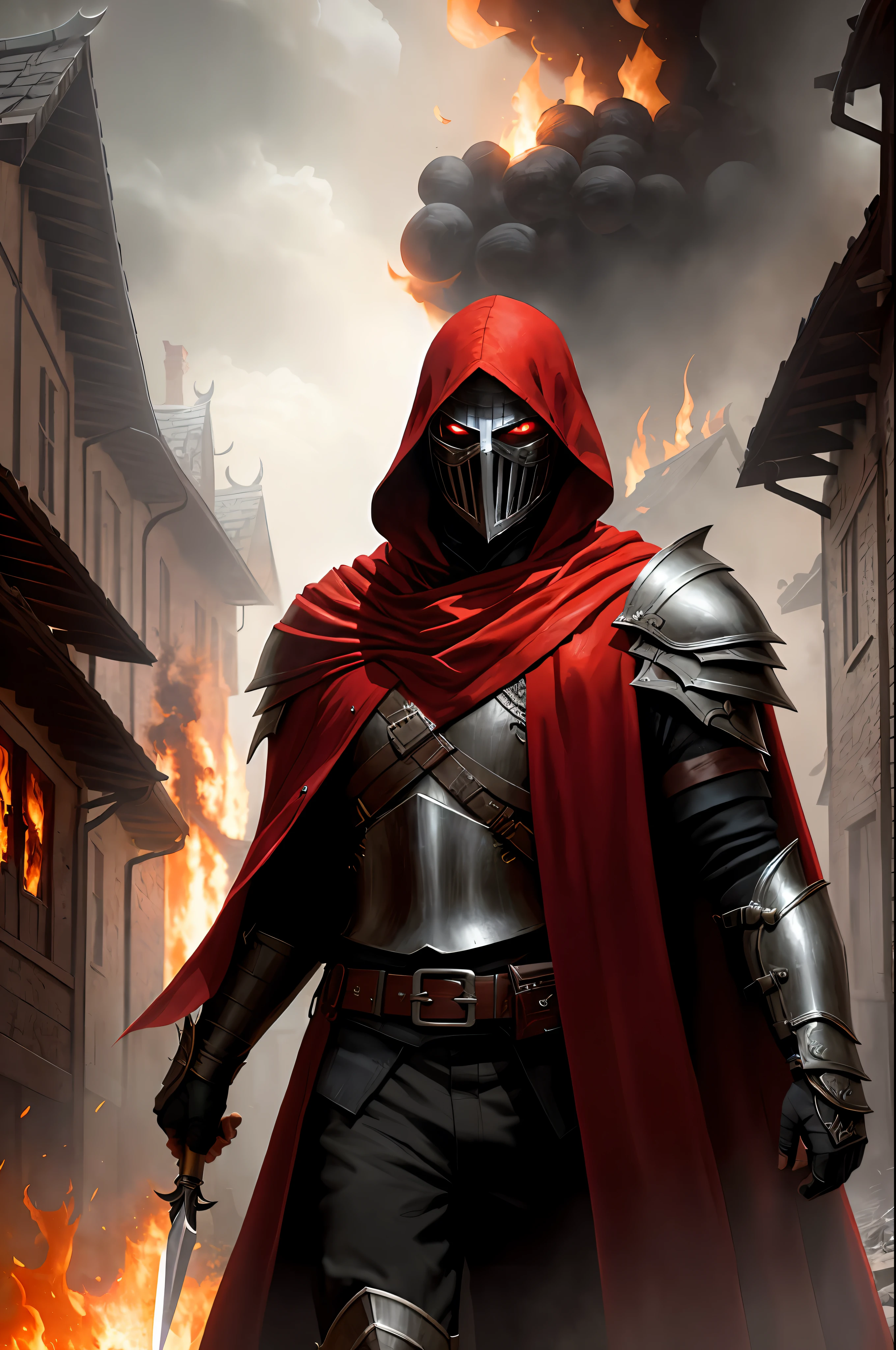 ultra realistic tall sinister dark killer wearing a metal mask with bright red eyes of dark and light armor with a discreet red cape behind with sharp daggers in his arms walking in a burning village, (intricate: 1.4) (masterpiece: 1.4) (illustration: 1.4), red studio lighting, post-processing, 8k resolution, dark background, imposing, meticulously composed photos, impressive, dark fantasy (by Greg Rutkowski: 1.2), (by daarken: 1.5)"