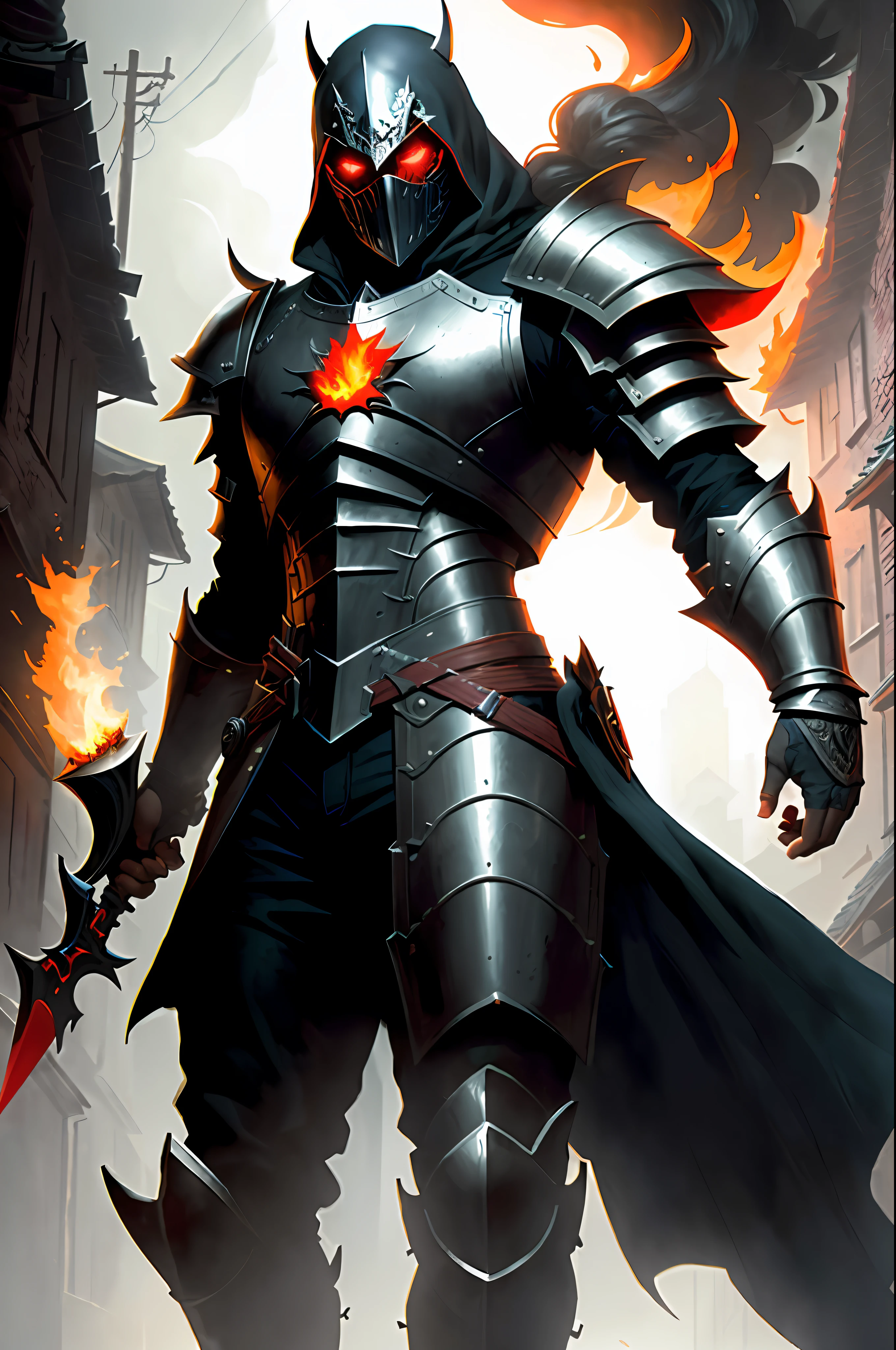 ultra realistic tall sinister dark killer wearing a metal mask with bright red eyes of dark and light armor with sharp daggers in his arms walking in a burning village, (intricate: 1.4) (masterpiece: 1.4) (illustration: 1.4), studio red lighting, post-processing, 8k resolution, dark background, imposing, meticulously composed photos, stunning, dark fantasy (by Greg Rutkowski: 1.2), (by Daarken: 1.5)"
