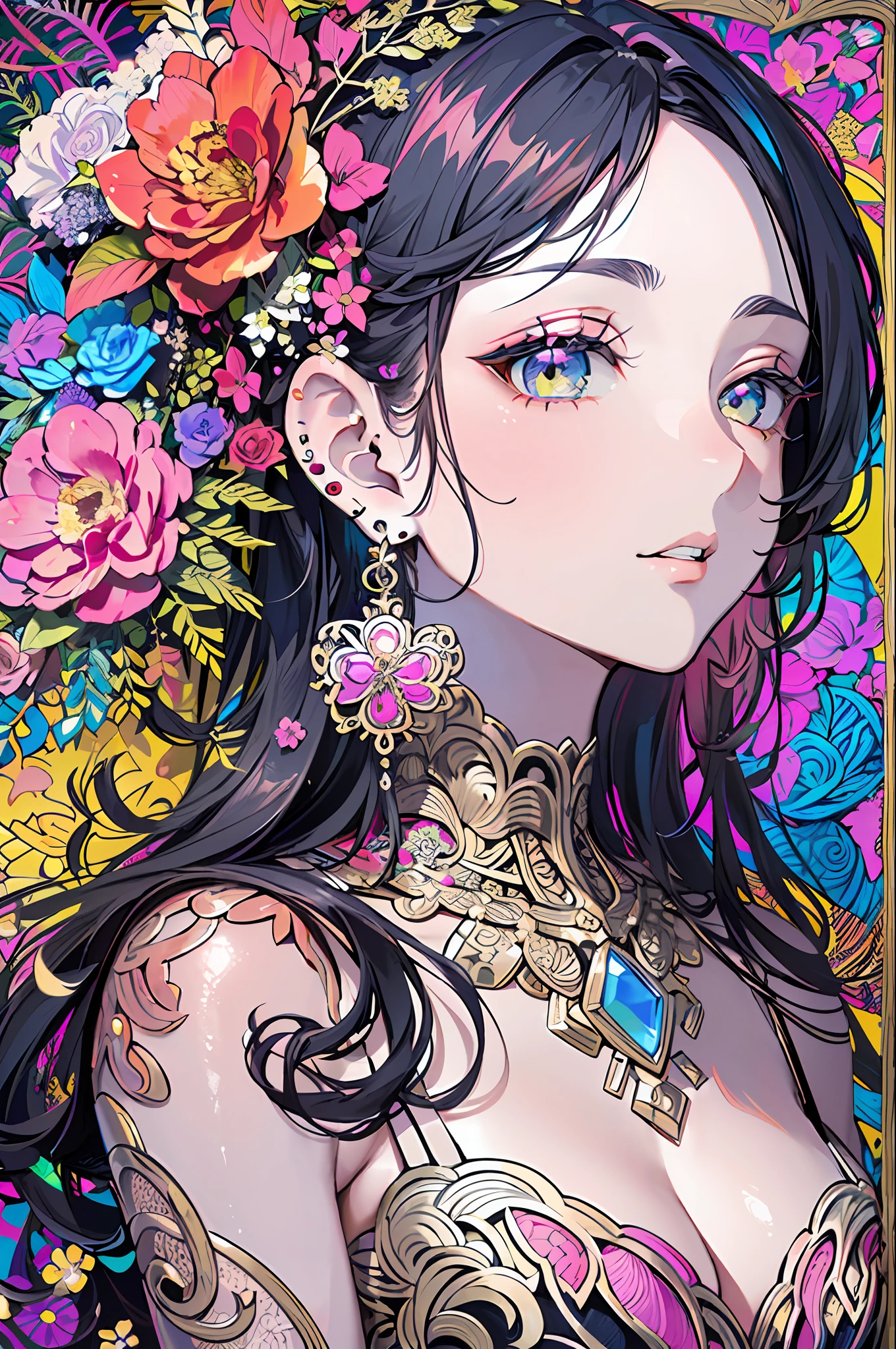(masterpiece, top quality, best quality, official art, beautiful and aesthetic:1.2), (1girl:1.3), extremely detailed,(fractal art:1.1),(colorful:1.1)(flowers:1.3),highest detailed,(zentangle:1.2), (dynamic pose), (abstract background:1.3),  (shiny skin), (many colors:1.4), ,(earrings:1.4),