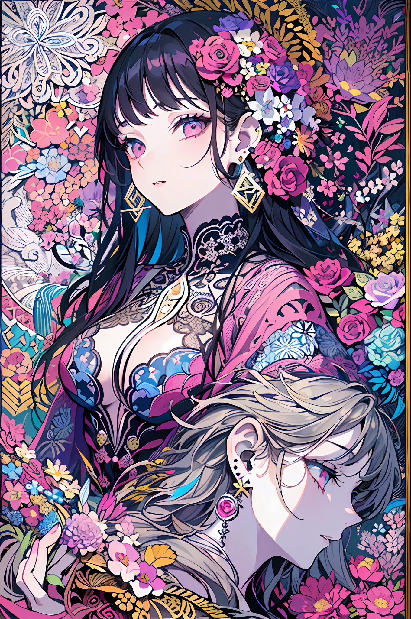 (masterpiece, top quality, best quality, official art, beautiful and aesthetic:1.2), (1girl:1.3), extremely detailed,(fractal art:1.1),(colorful:1.1)(flowers:1.3),highest detailed,(zentangle:1.2), (dynamic pose), (abstract background:1.3), (shiny skin), (many colors:1.4), ,(earrings:1.4),