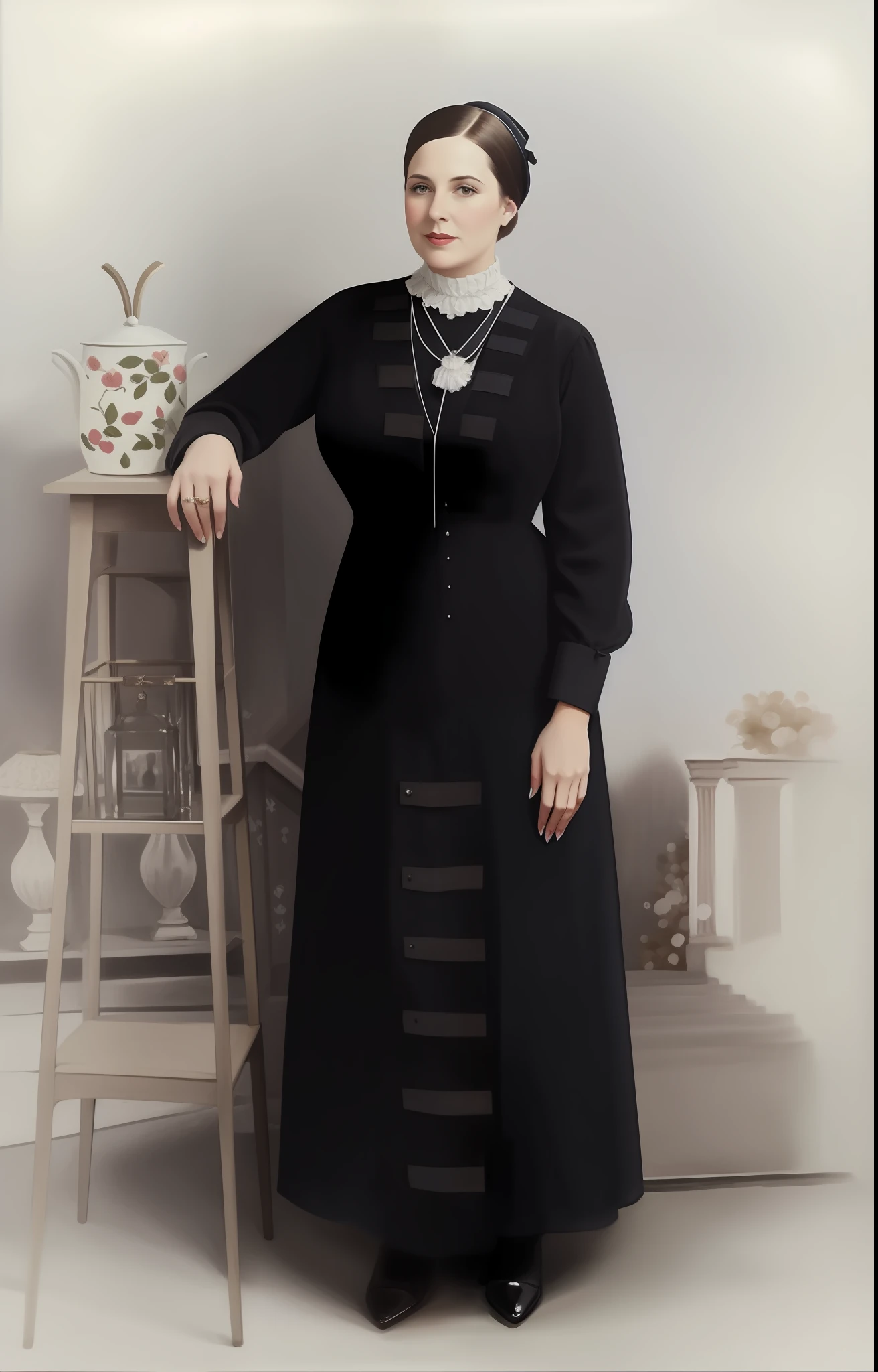 painting of a woman in a blue dress next to a staircase, full-body portrait, full-body portrait, inspired by Olive Mudie-Cooke, wearing old black dress and hat, colorful 1 9 0 4 photo, color photo, full-body portrait, a color photo, color photography, colorful, inspired by Bessie Wheeler