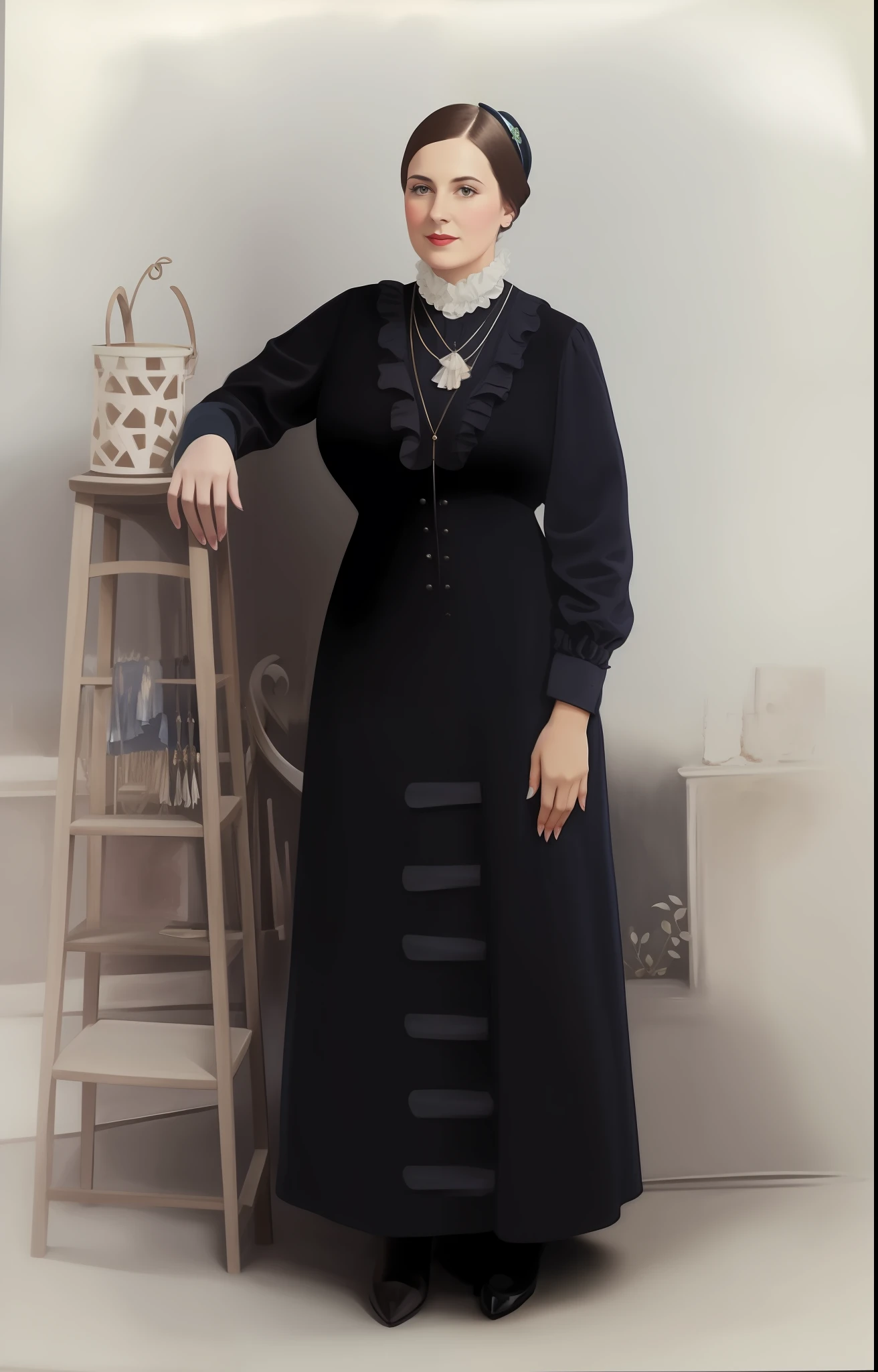 painting of a woman in a blue dress next to a staircase, full-body portrait, full-body portrait, inspired by Olive Mudie-Cooke, wearing old black dress and hat, colorful 1 9 0 4 photo, color photo, full-body portrait, a color photo, color photography, colorful, inspired by Bessie Wheeler