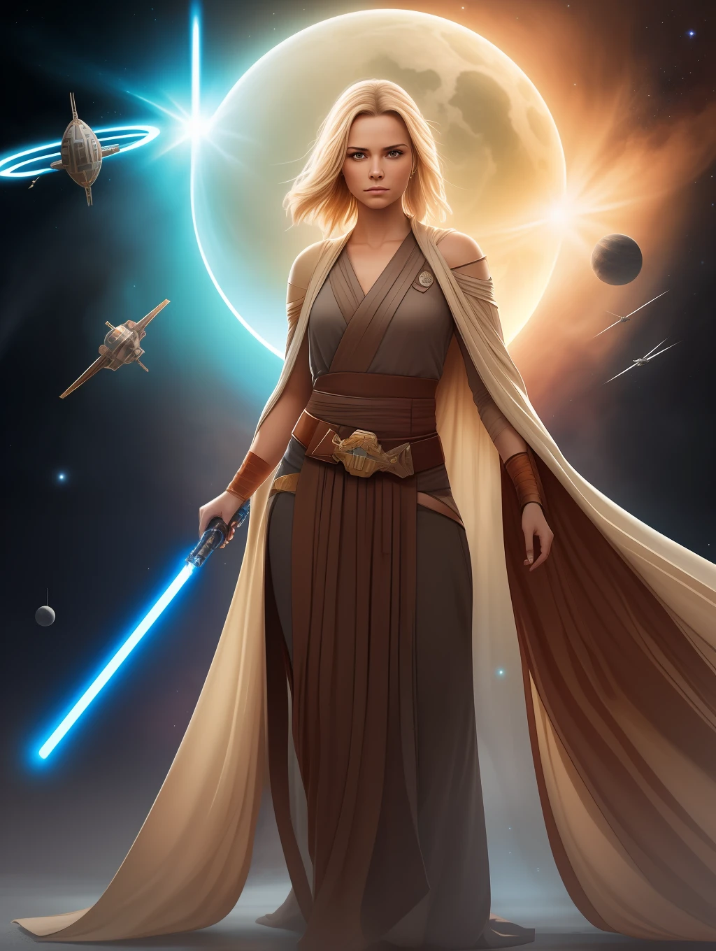 (8K, high resolution, cinematic), Bring to life a captivating digital portrait of a stunning 27-year-old woman with flowing blonde hair, dressed in a sexy Star Wars-themed Jedi outfit. The woman should emanate an air of grace and strength, embodying the spirit of a Jedi warrior. Her eyes should exude a sense of determination and wisdom, reflecting the trials she has faced. The Jedi outfit should be intricately designed, featuring earthy tones and flowing robes that flutter in an imaginary breeze, evoking a sense of both elegance and practicality. The woman's posture should exude confidence, hinting at her skill in combat. Let the background complement the Jedi's aura, whether it be a serene natural landscape or a scene depicting a distant star system. The artwork should capture the essence of this remarkable woman, inviting viewers to imagine her story and the adventures she embarks upon in a galaxy far, far away