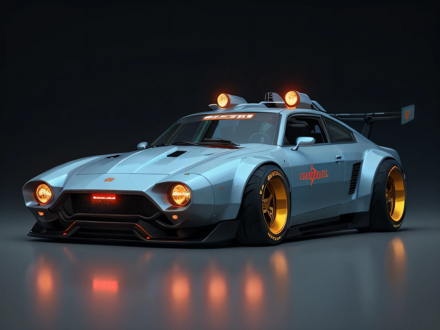 a 3/4 front view of ((futuristic cyberpunk hotrod zeekars)) (with glowing tires), at the parking lot,