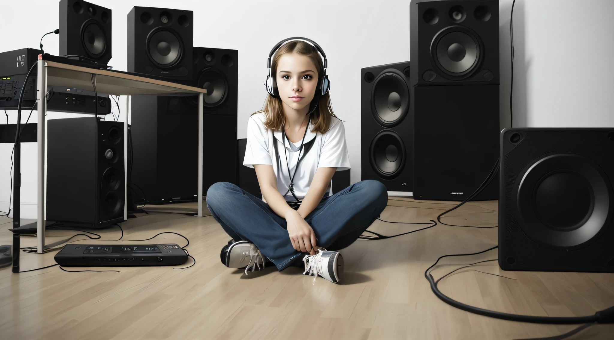 mENINA BLONDE CHILD, PORTRAIT, INFINITE WHITE BACKGROUND, ON DISCMAN FLOOR, MP3, WALKMAN.