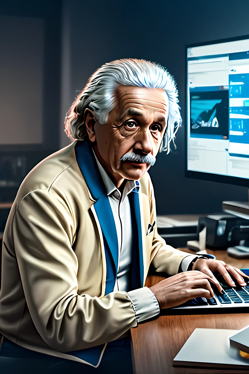 selfie. Albert Einstein, detailed face, inside his lab, typing on a laptop
,insanity scene from a movie , dramatic shot angle,  atmospheric particles,
Real, raw cinematic photorealism, action portrait, 8k, detailed, centered, full frame --auto