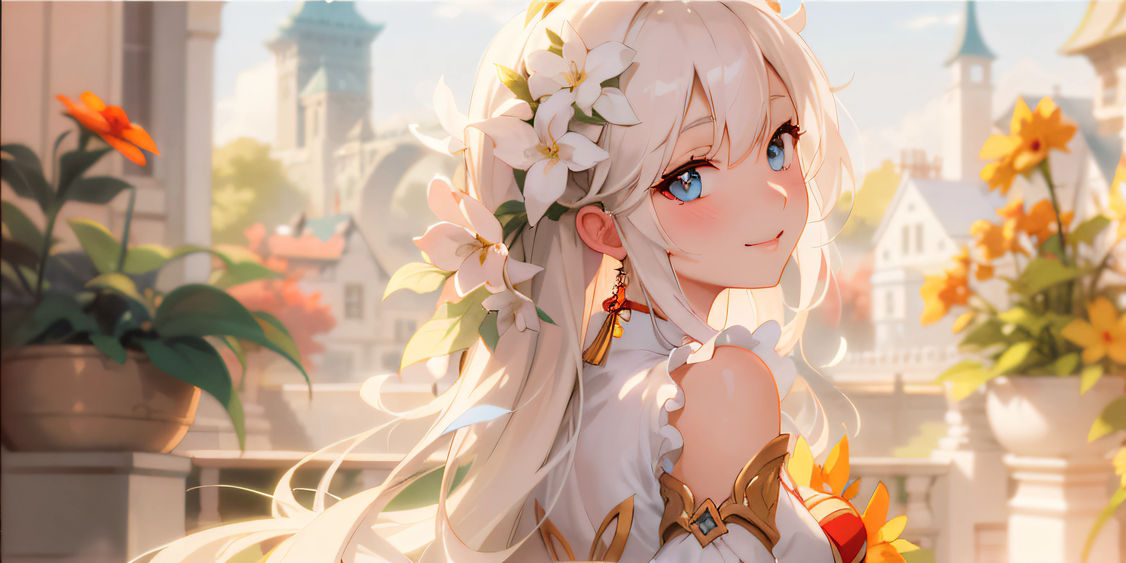 In front of the castle there is an anime girl with long white hair and blue eyes, Luminous Eyes, Shying, Sorrisos, wince, intricate ornate anime cgi style, trending on artstation pixiv, anime visual of a cute girl, ayaka genshin impact, kawacy, Guwiz, beautiful fantasy anime, Beautiful Anime Artwork, beautiful anime art, genshin, A masterpiece, a highly realistic and hyper-detailed rendering, a highly realistic and hyper-detailed rendering, full of sunlight, Warmth, Heles, a beautiful anime portrait, artgerm and atey ghailan, guangjiao, MasterPiece, best best quality