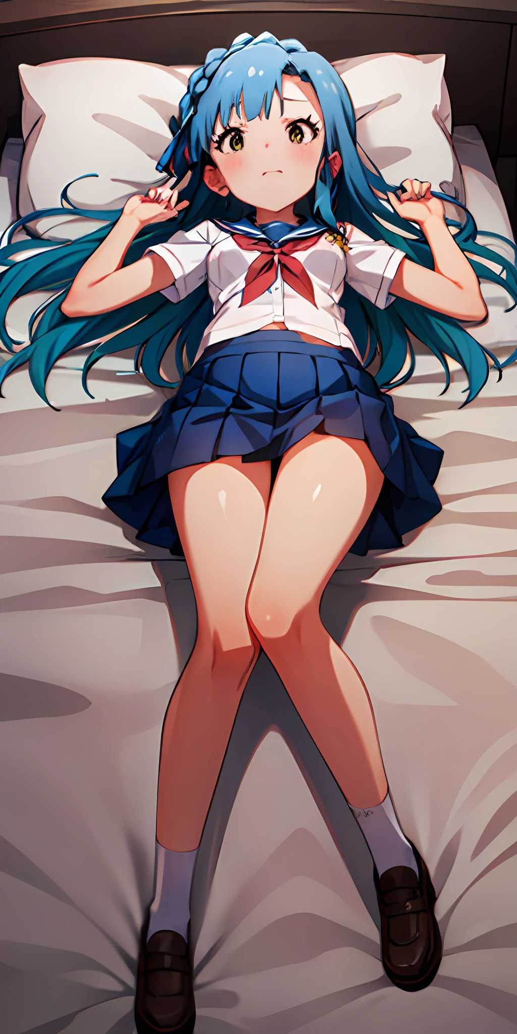 Yuriko Nanao (Million Live), (Top Quality, 8K, Masterpiece, Super Detail: 1.2), Cinematic Angle, Wide Shot, 1 Girl, Solo, Skirt, Watch Audience, Sailor Color, Pleated Skirt, Short Sleeves, School Uniform, Blush, Serafuk, Clavicle, Ribbon, Upper Body, Adjusted Hair, Wind, Floating Hair, Spread Your Arms. (((Despair Face))).Night.Clench your fists.Lie down.Lying on your back.small breasts.Watery eyes.Pillow.Bed.