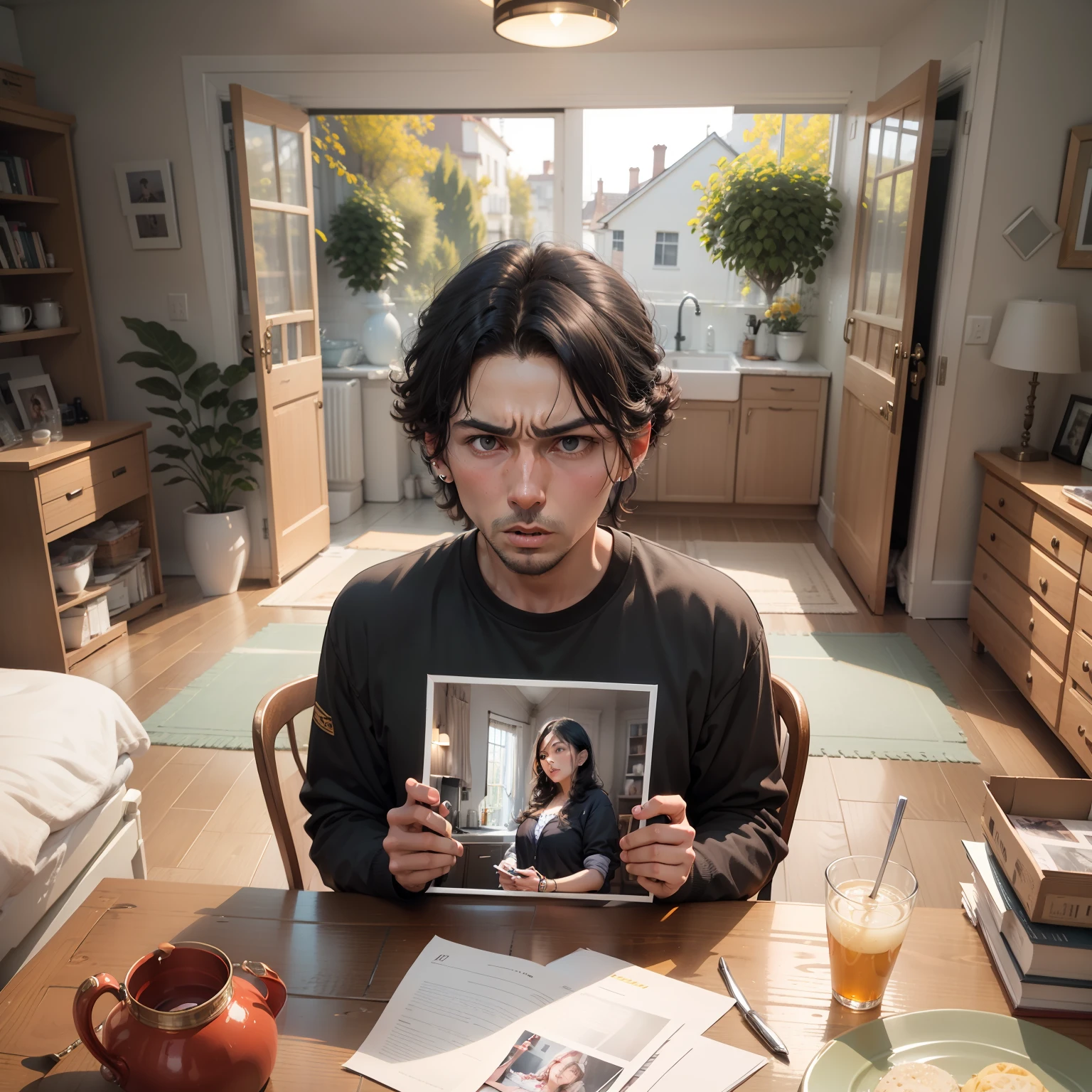 Man holding a photo in his hand scolding the woman, scene in the house