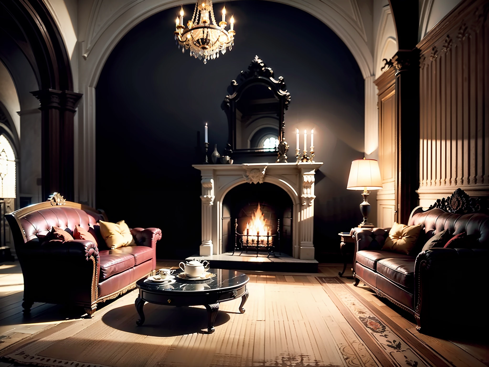 Ultra HD HD high quality photo quality 8K quality
Space name: Gothic style villa living room
Item names and adjectives:

Black gate - fine Gothic pattern
Dark red velvet wallpaper - heavy
Gothic paintings - ancient castles, black clouds and thunderbolts, magnificent
Stove - marble, black wrought iron fireplace cover, fine Gothic pattern
Black leather sofa - ancient, peculiar Gothic pattern
Red velvet blanket - heavy, noble and luxurious, delicate Gothic pattern
Black solid wood coffee table - huge, exquisite
Gothic chandeliers - black wrought iron, fine glass shades, peculiar shadows
Iron candlesticks - ancient, red candles
Gothic style ornaments - sculptures made of black iron, peculiar wall hangings, large Gothic table clocks with red streamers
        
Atmospheric description: mysterious, ancient, solemn, thick darkness, dreamy, luxury, travel through time and space, European castles