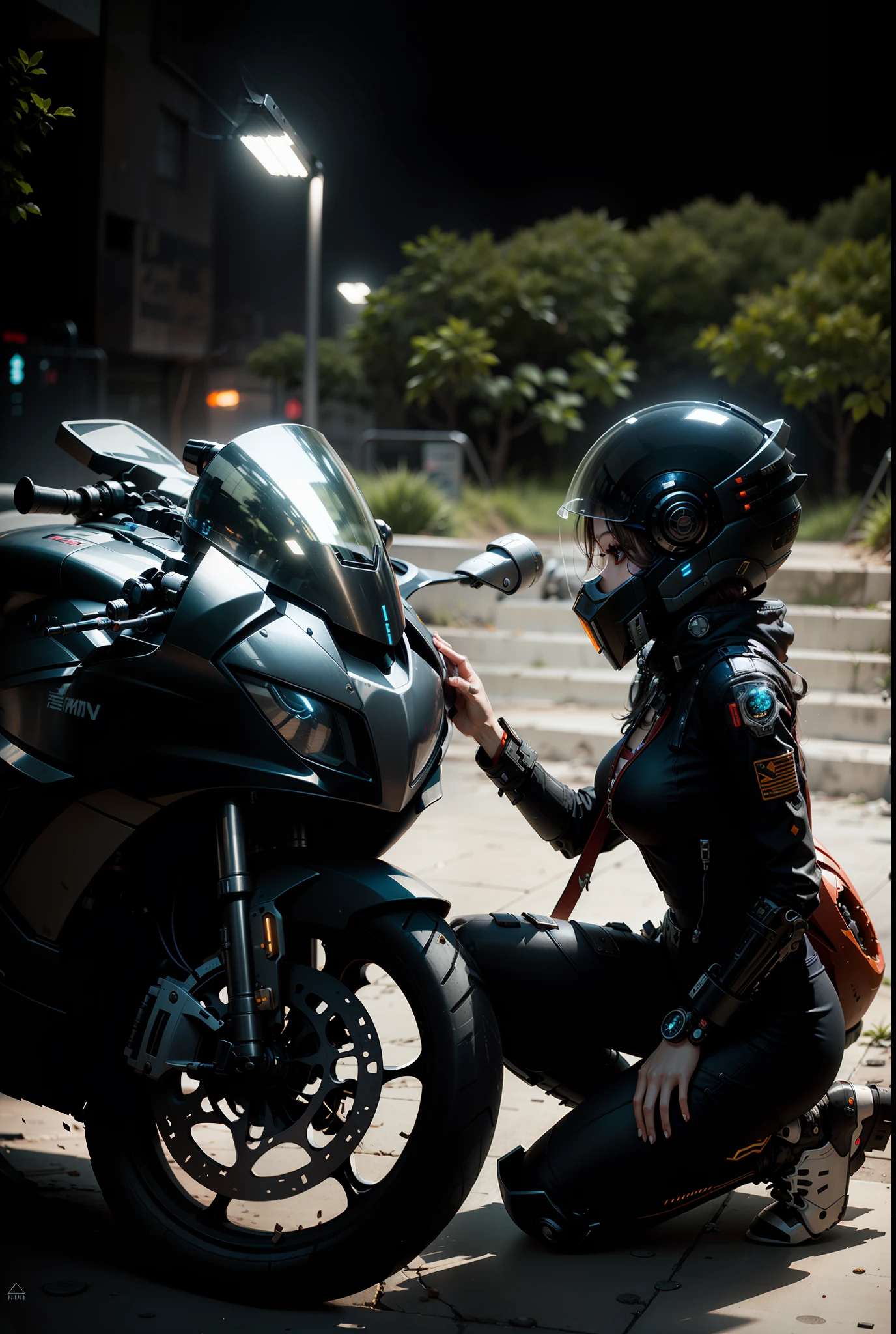 Cute sexy full body mecha of cyberpunk female warrior, no face, black tech mechanical opaque helmet, biomechanics, MSHN robot, high-tech helmet, surreal, steel, complex design, crazy details, fine details, extremely clear lines, cinematic lighting, photorealistic, detailed masterpiece