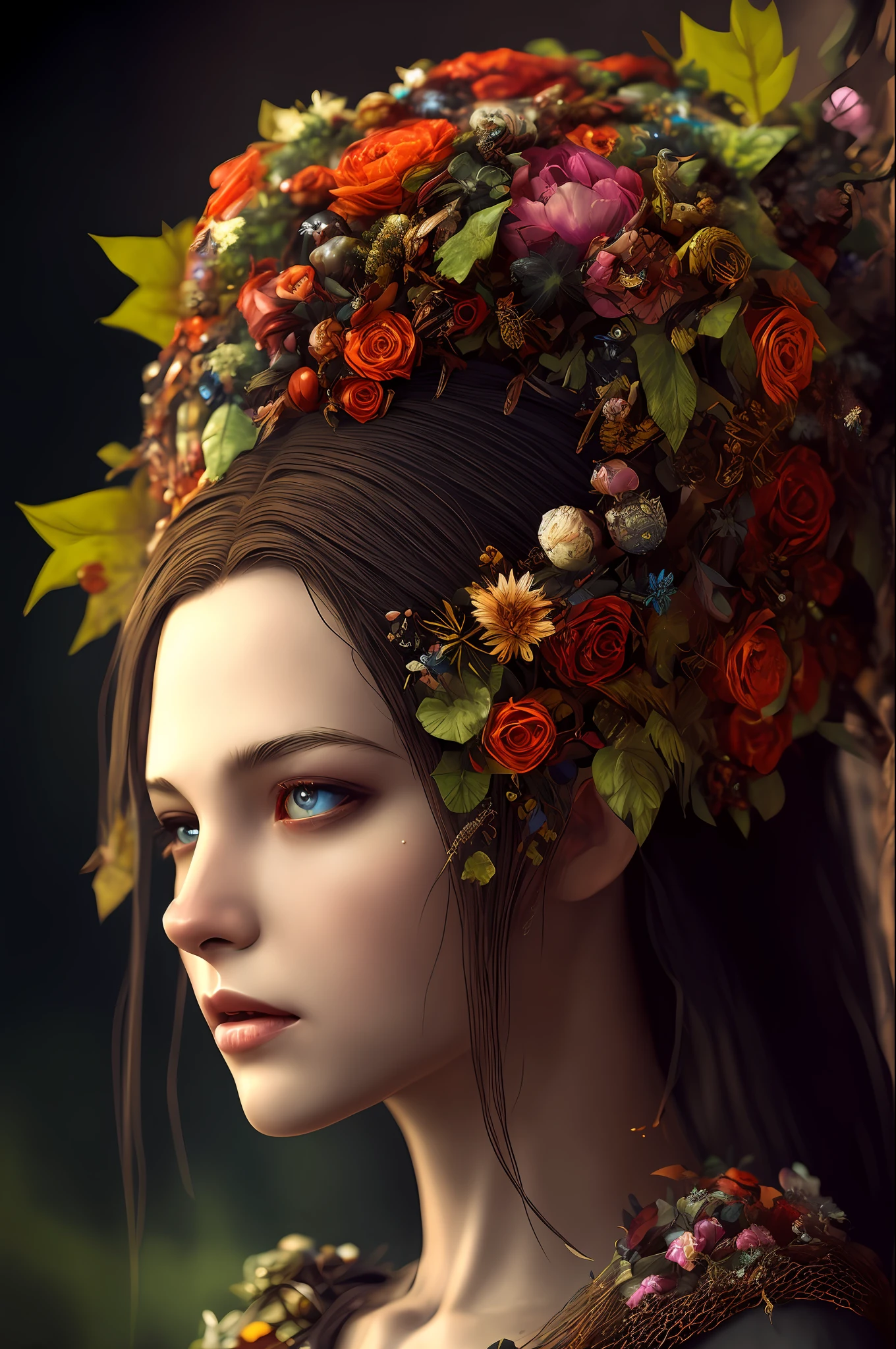 Imagine that the skin of this creature girl looks like it was made of a fishing net, with leaves and flowers growing on her body. Digital Epic Fantasy, Symmetrical Concept Art, Sinister Fantasy Illustration, Symmetrical Epic Fantasy Art, Epic Fantasy Science Fiction Illustration, Epic Fantasy Art Style, Epic Anime Art, Symmetrical Fantasy RPG Portrait, Anton Fadeev and Dan Mumford, (Masterpiece, Top Quality, Best Quality, Official Art, Beauty and Aesthetics: 1.2), Extreme Detail, (Fractal Art: 1.3), Colorful, Most Detailed, Full Body Pose, Cute Surrealist Photo, 8 K, Octane Beautifully Rendered, Very detailed, intricate, epic composition, cinematic lighting, masterpiece, art station trend, very, very detailed, stunning, HDR, smooth, sharp focus, high resolution, award-winning, award-winning photo, DSLR, 5 0 mm