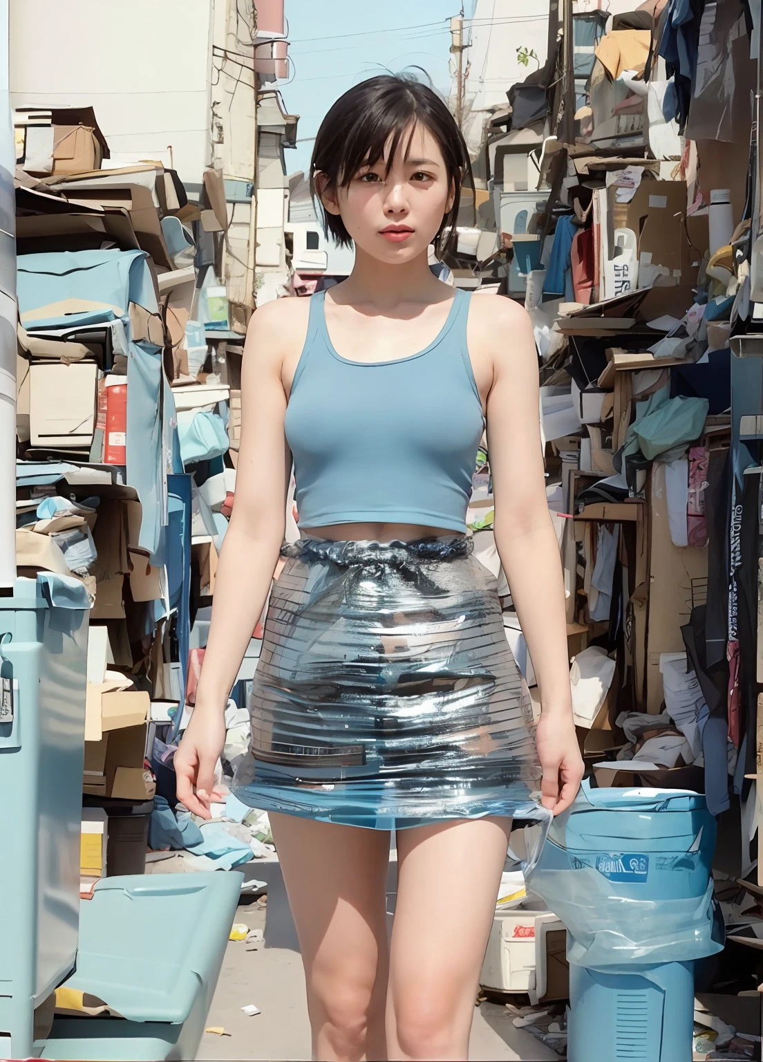 Japan 1 woman, naked and directly in (light blue garbage bag:1.3) underwear, short black hair, video stills, 30mm lens, Polaroid, analog photography, VHS, Lomo, masterpiece, best quality, (film grain: 1.1), ultra high resolution, RAW