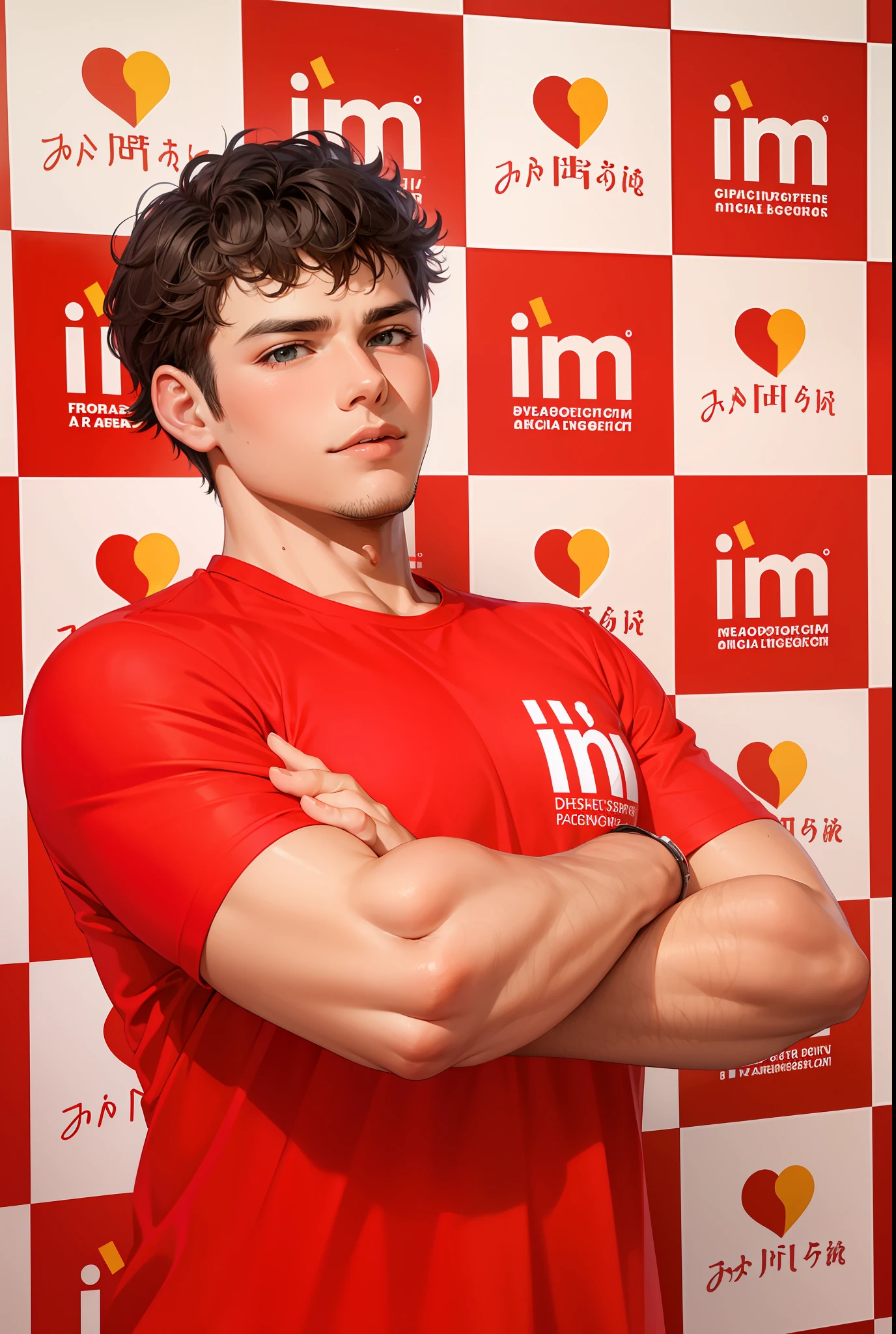Young man with short hair and curled up in red shirt
