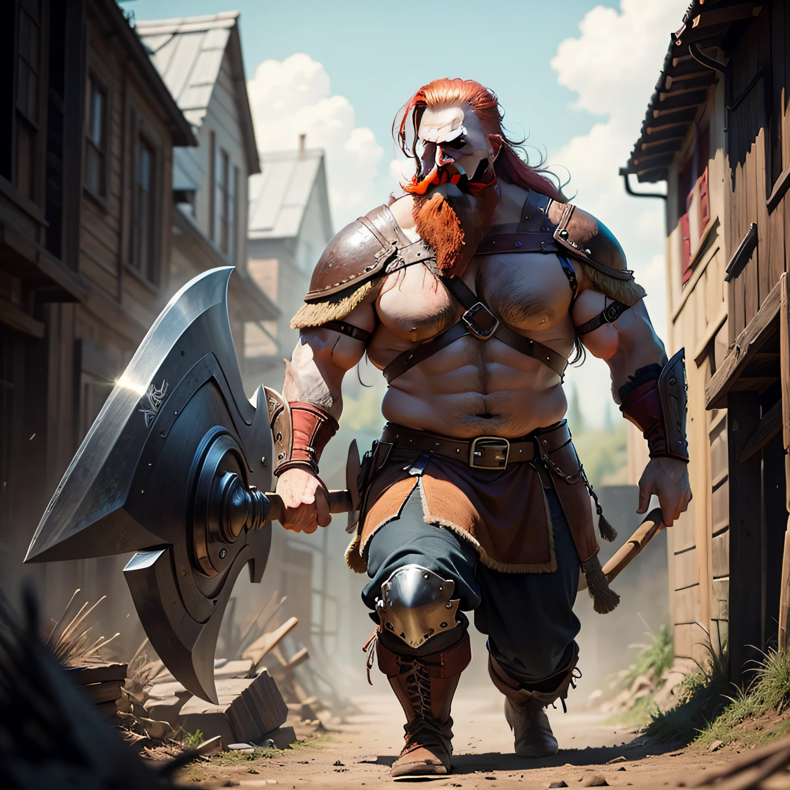 Viking, huge red beard, axe in hand, at war --auto