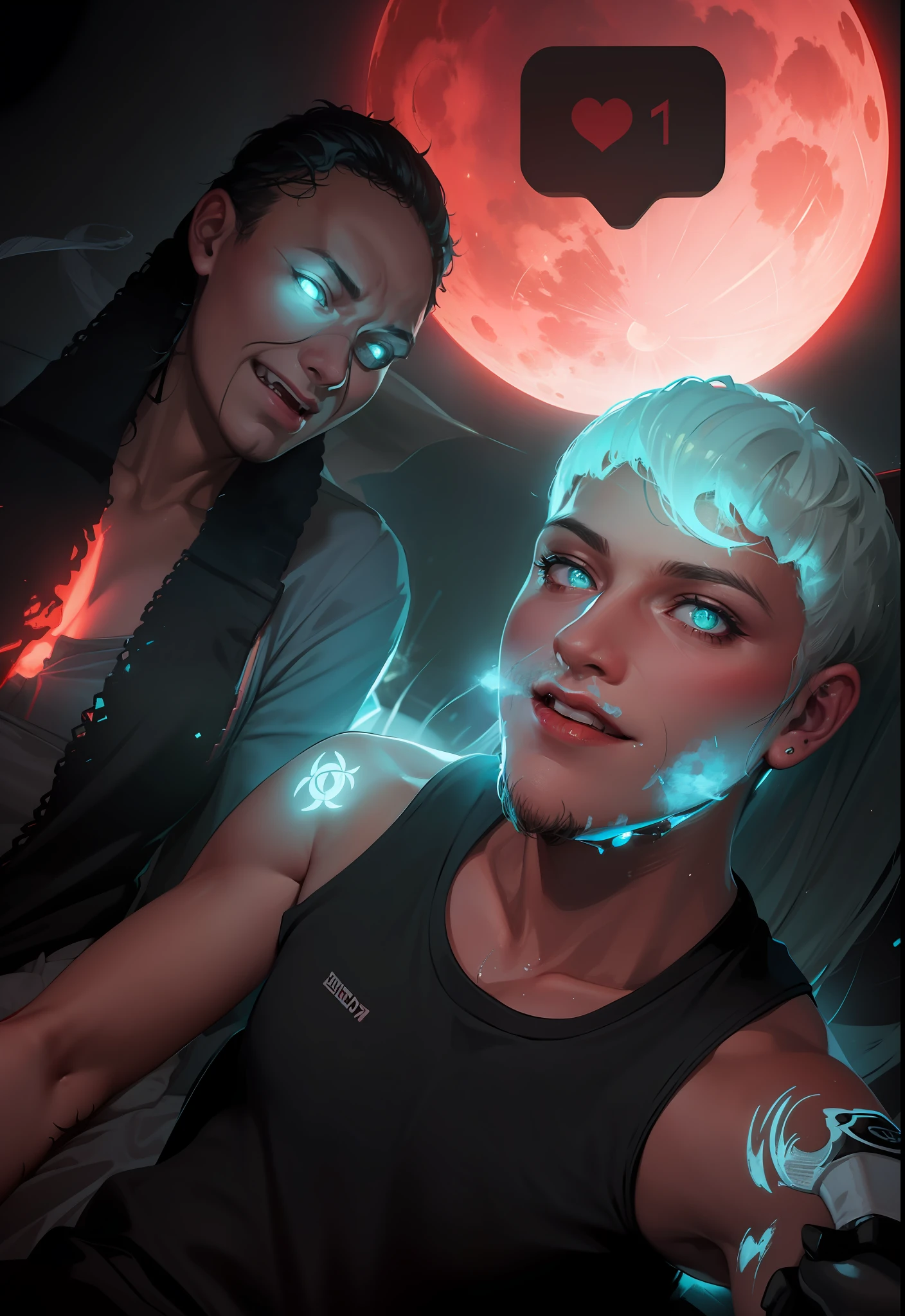 Futuristic couple high quality cyberpunk style picture night scenery with red full moon in background