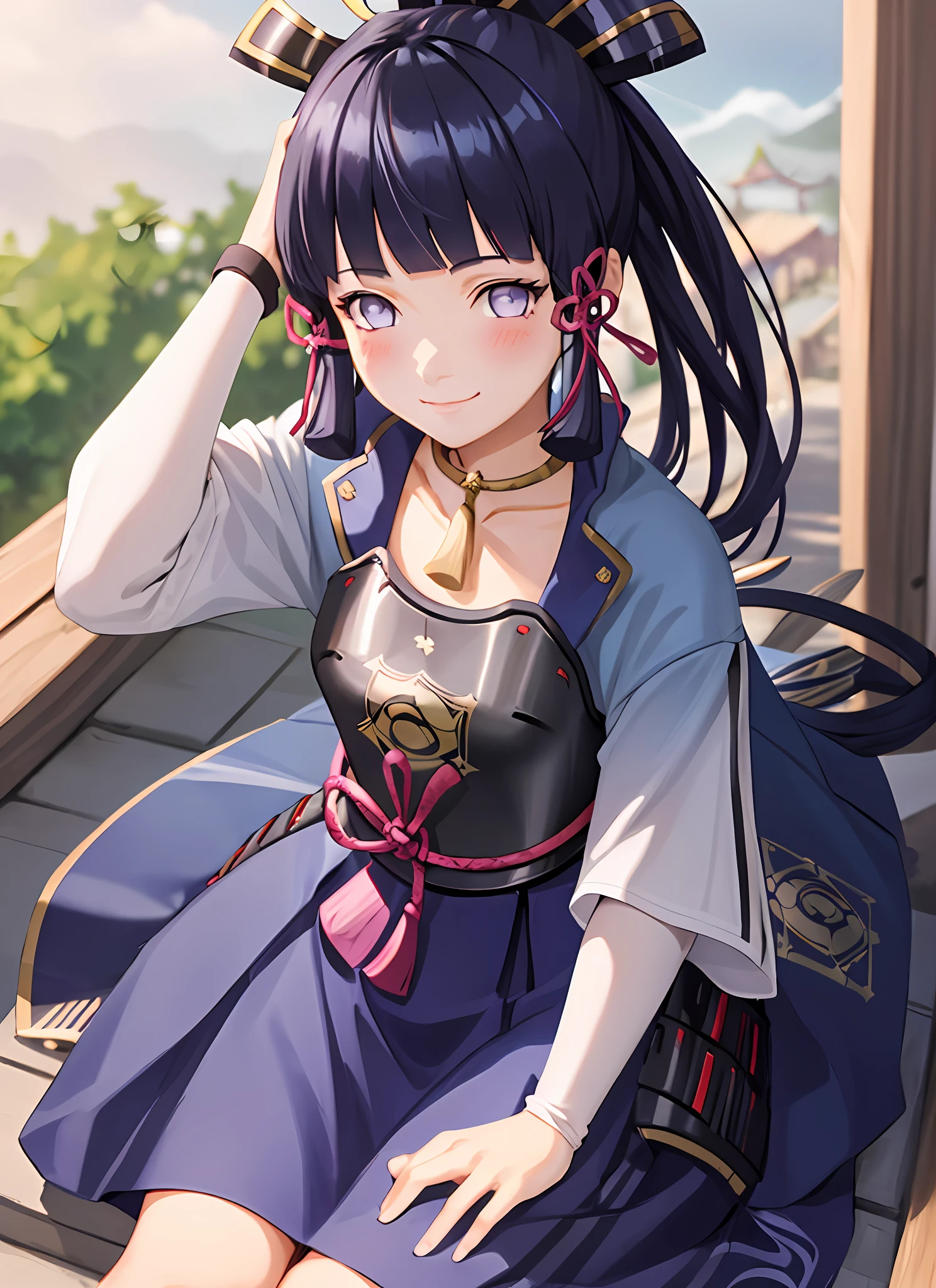 kamisatoayakadef, full body, standing, smile, blush, outdoors, day, simple background, blue sky, short hair, sky, temple, looking at viewer, sitting on stairs, mountain, moody lighting, purple eyes, (dark blue hair:1.3), hinata hyuga as kamisato ayaka