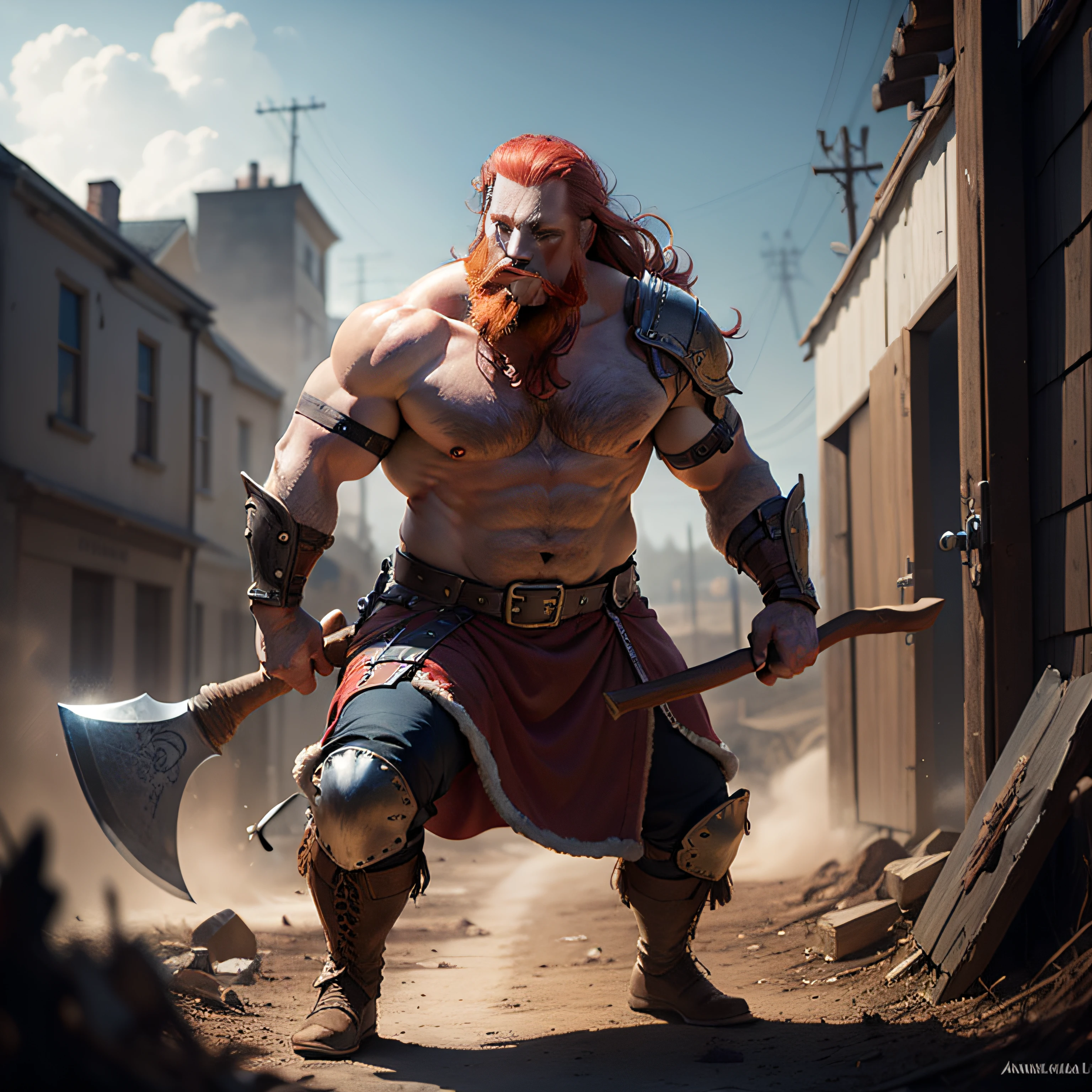 Viking, huge red beard, axe in hand, at war --auto