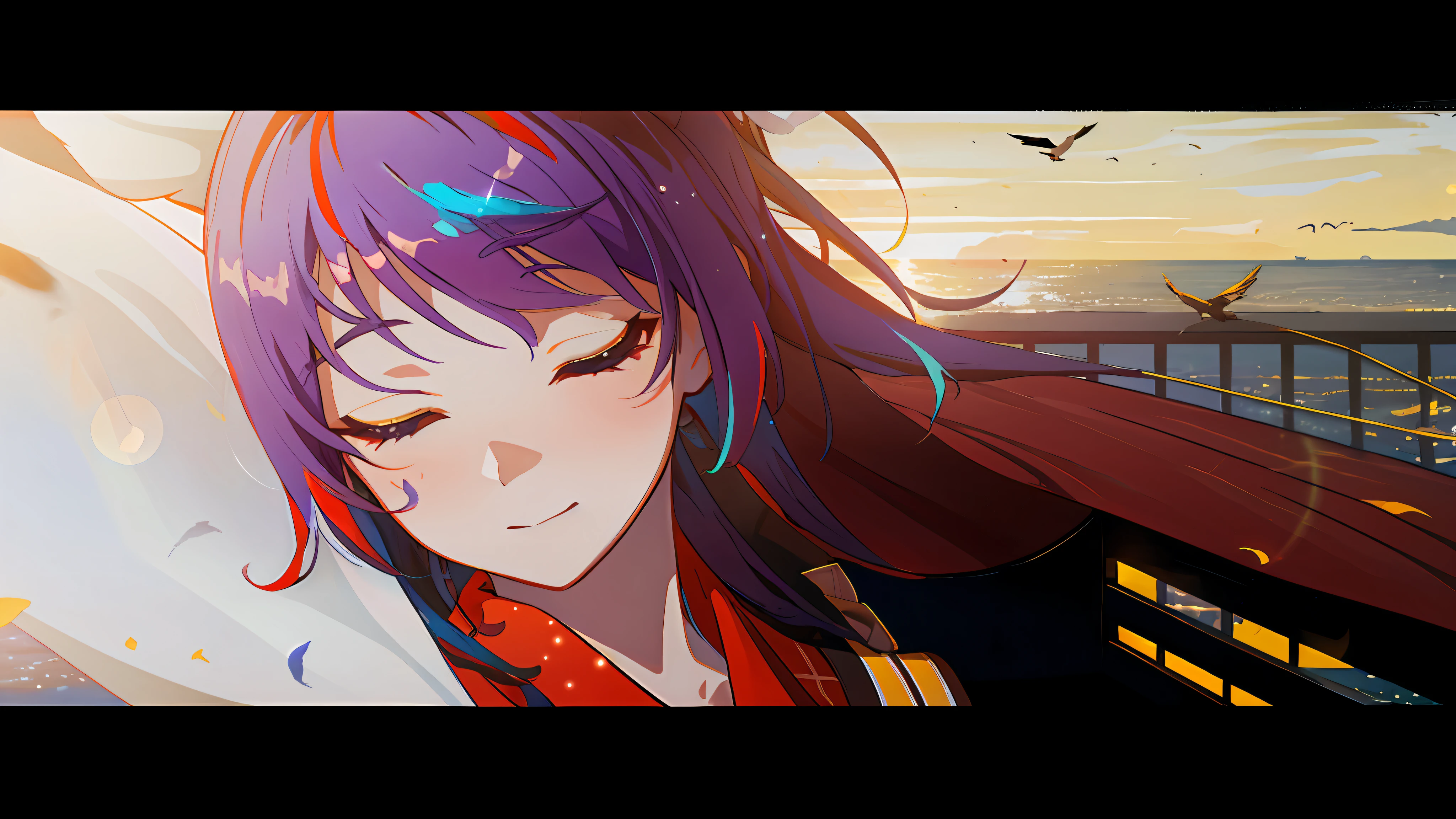 Sunset seaside with birds flying around her, sunset seaside, {{masterpiece}}, best quality, extremely detailed CG Unity 8k wallpaper, cinematic lighting, lens flare with color splash, beautiful detail eyes, smart hair, rice mountain dance style, colored light, particles, floating colorful water, (color: 1.5), (colored hair: 1.5)
