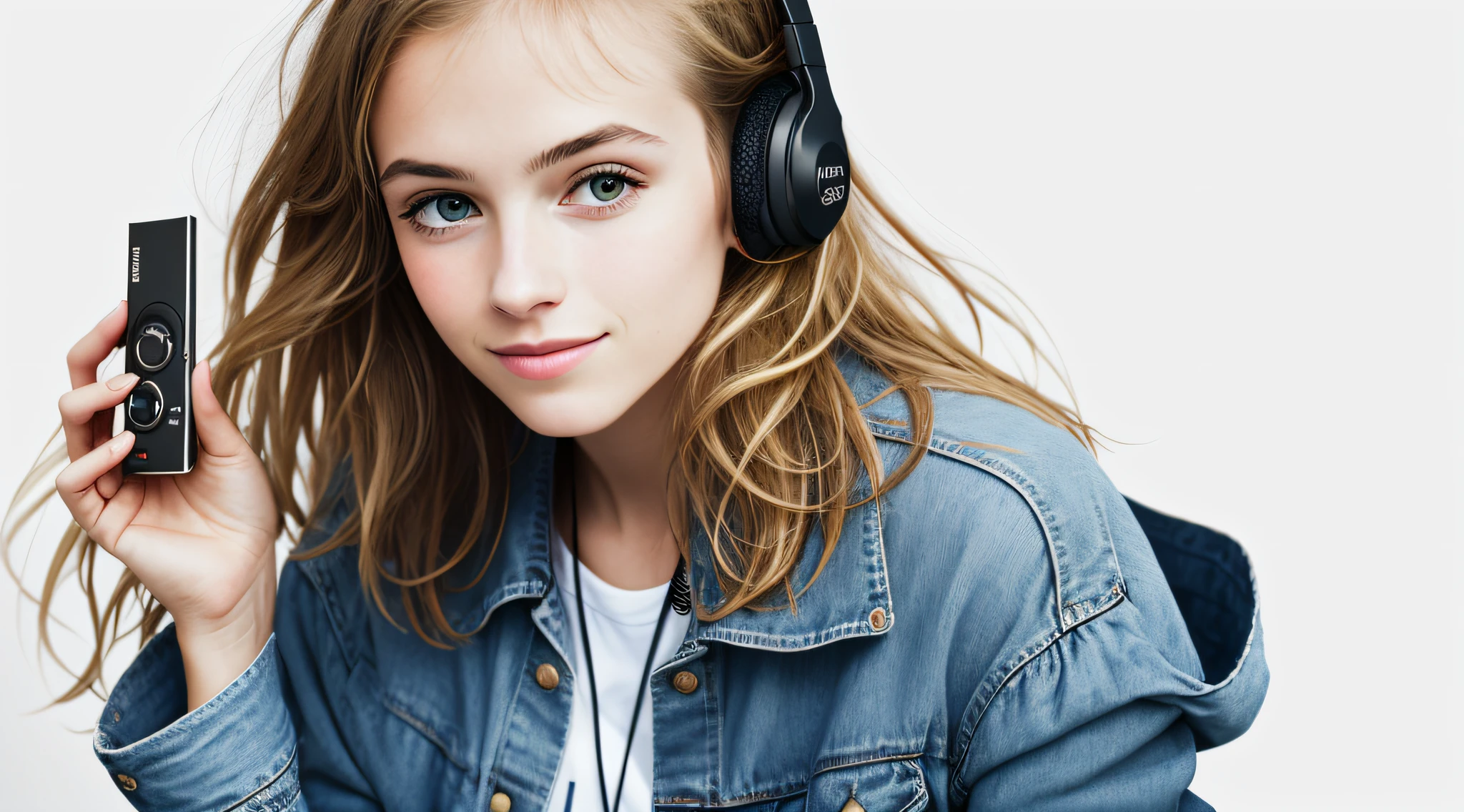 mENINA BLONDE CHILD, PORTRAIT, INFINITE WHITE BACKGROUND,WALKMAN.
