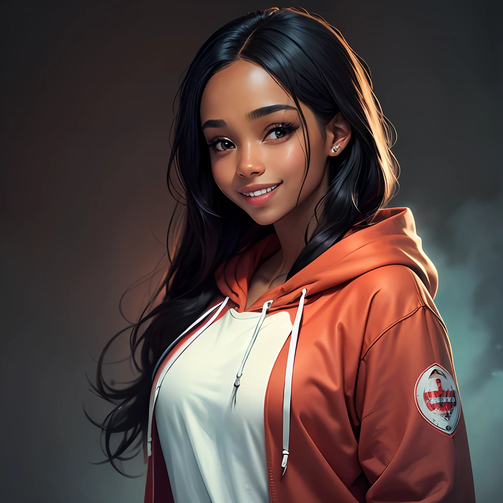 super realistic, best quality, a black girl, brown eye, cheerful, with long black hair, smiling wearing blue and white red hoodie, apocalyptic powder background --auto