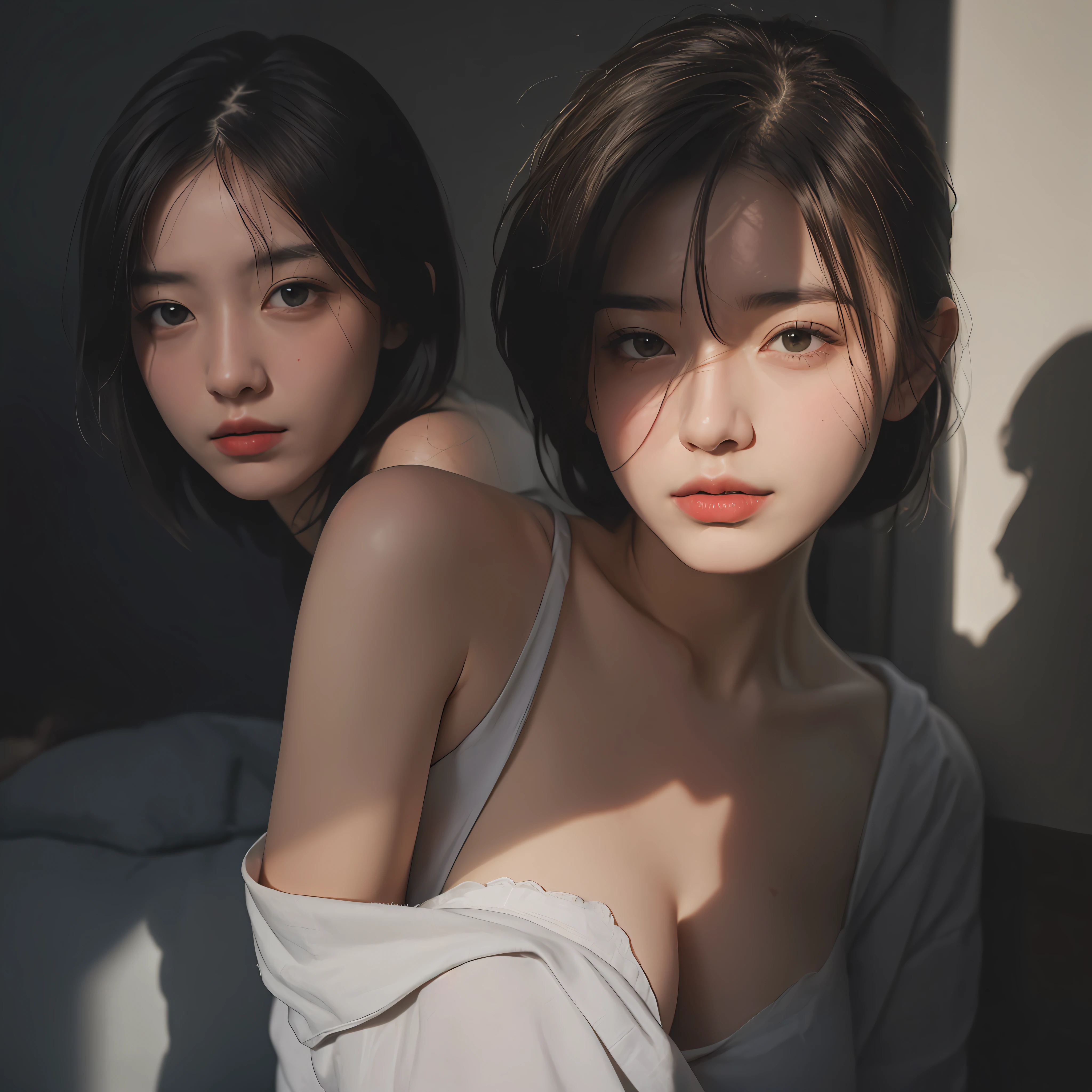 Best quality, masterpiece, ultra high res, (photorealistic:1.5), raw photo, 1girl, offshoulder, in the dark, deep shadow, low key, cold light, sexy look, short hair