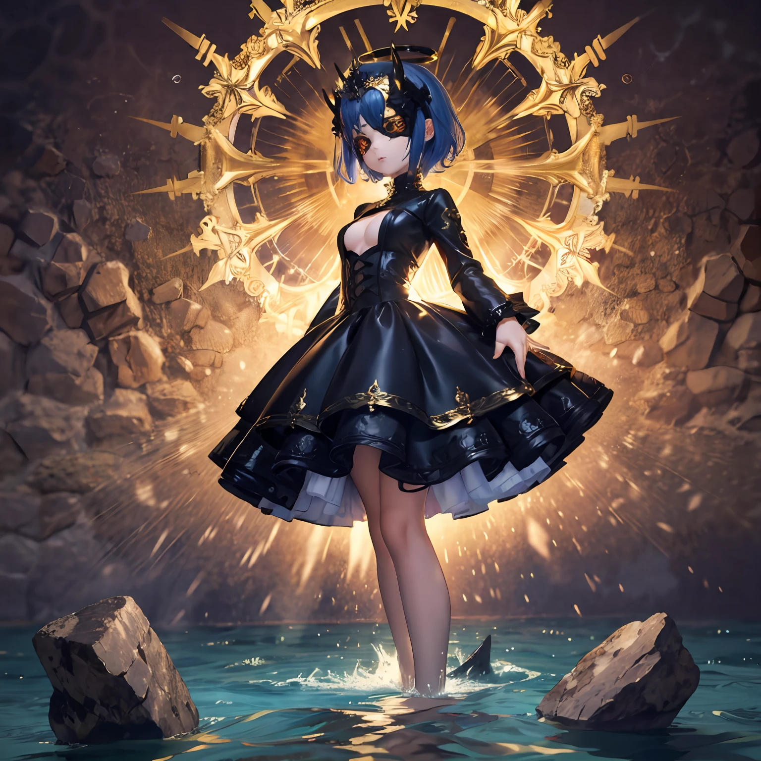 masterpiece, best quality, ultra-detailed, backlighting, 1girl wearing a halo mask, mid shot, full body, standing, short hair, disheveled hair, demon horns, (azure hair), expressionless, long gothic dress, long sleeves, tiara, small breasts, night, golden vortex in the background, surrounded by water, sandrocks, in the sea, roaring waves, reef, rocks