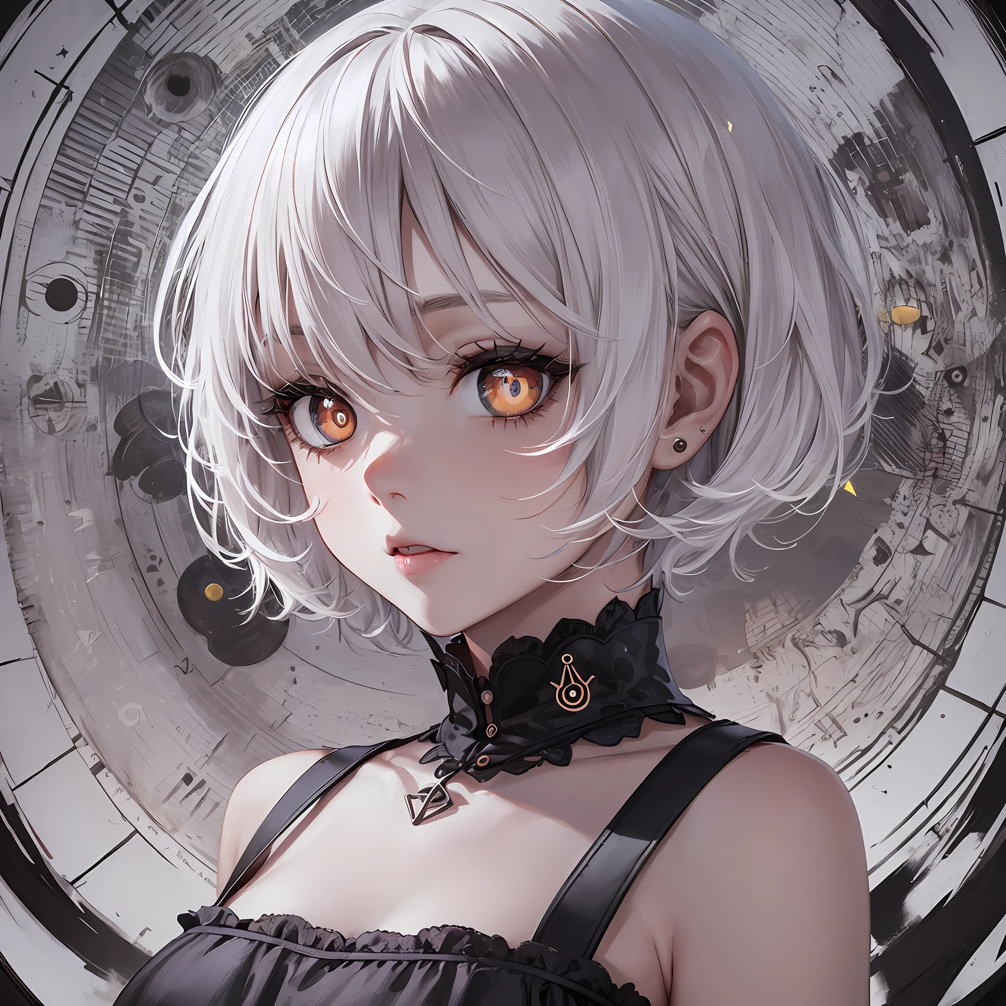 A cute girl with short white hair with bangs, ((pupils in symbol shape plus:1.4)), pupils in shapes of summing symbols, pupils with sum symbols, extremely sinister gothic scenery background, as in a horror movie from Paramount Studios--Niji:5 --s2