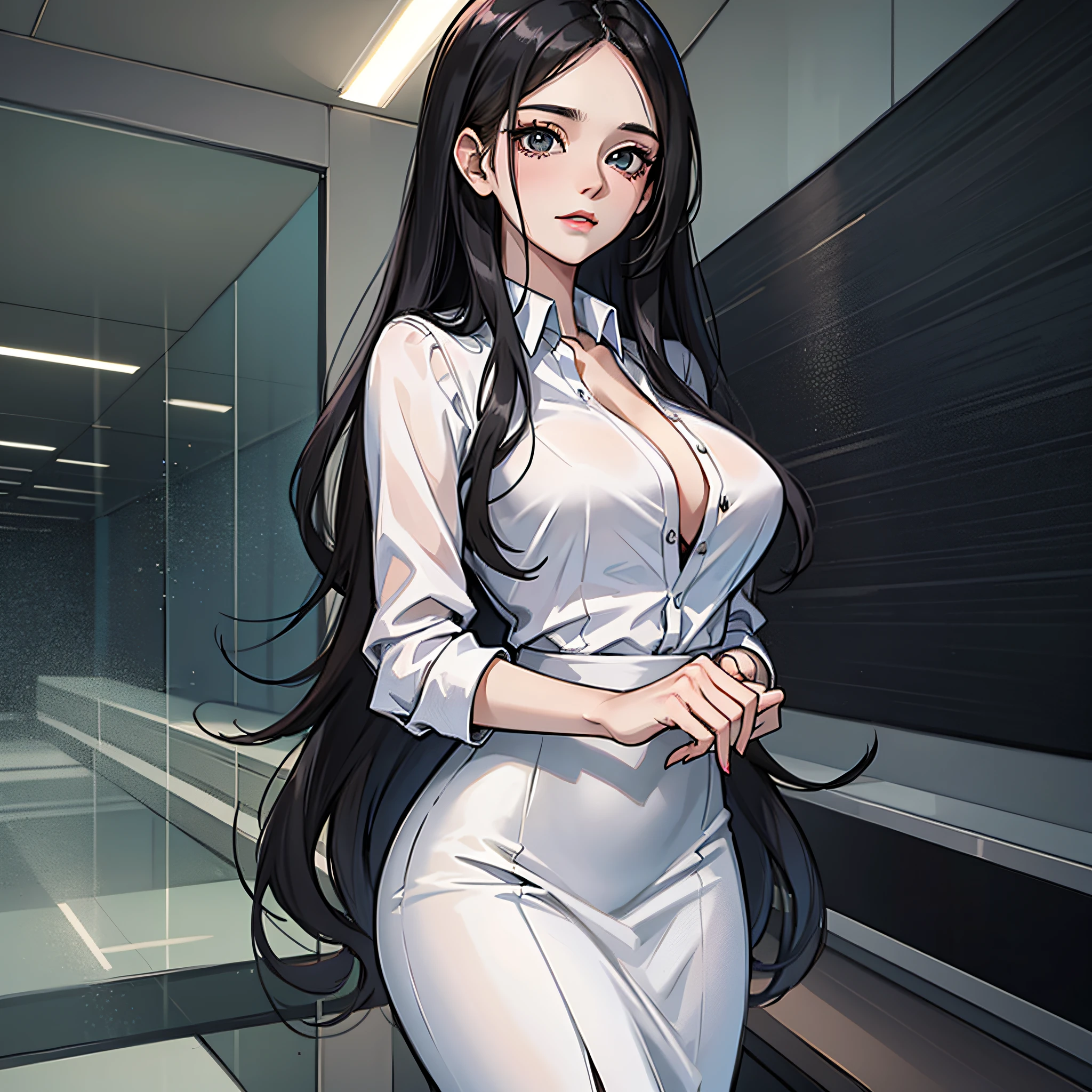 A woman with long black hair, wearing a white dress, standing in an office, 4K, high resolution
