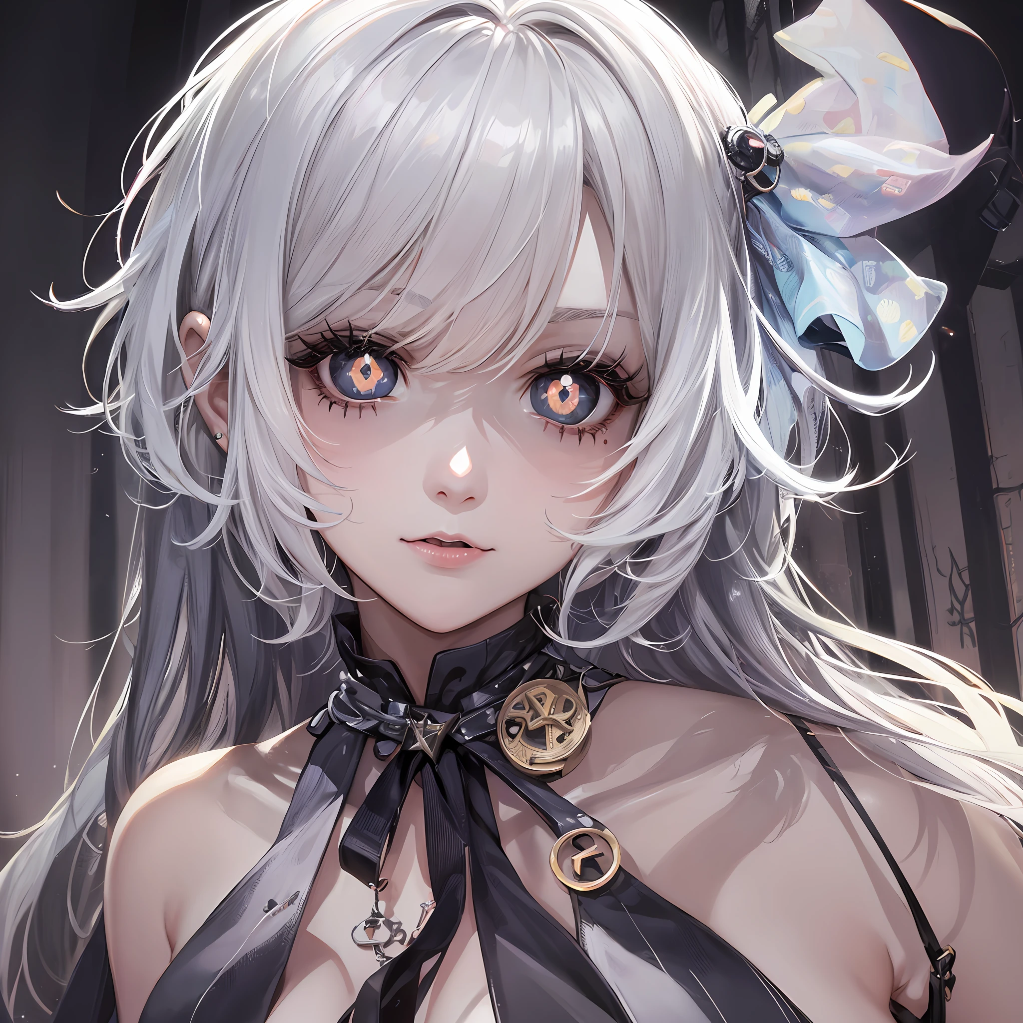 A cute girl with short white hair with bangs, ((pupils in symbol shape plus:1.4)), pupils in shapes of summing symbols, pupils with sum symbols, extremely sinister gothic scenery background, as in a horror movie from Paramount Studios--Niji:5 --s2