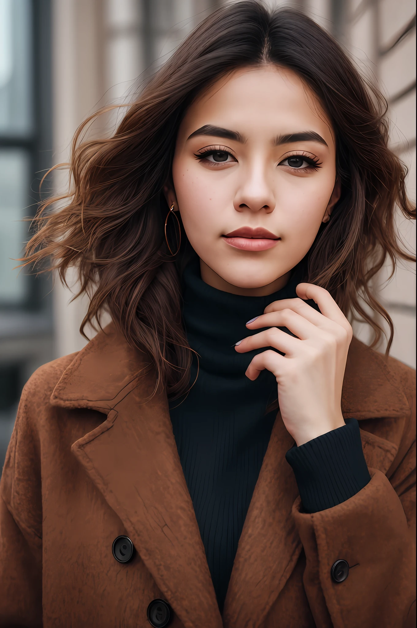 photo of (sh0hreh:0.99), a woman, RAW, close portrait photo, long brown coat, turtleneck sweater, trousers, (high detailed skin:1.2), 8k uhd, dslr, soft lighting, high quality, film grain, Fujifilm XT3 sharp focus, f 5.6