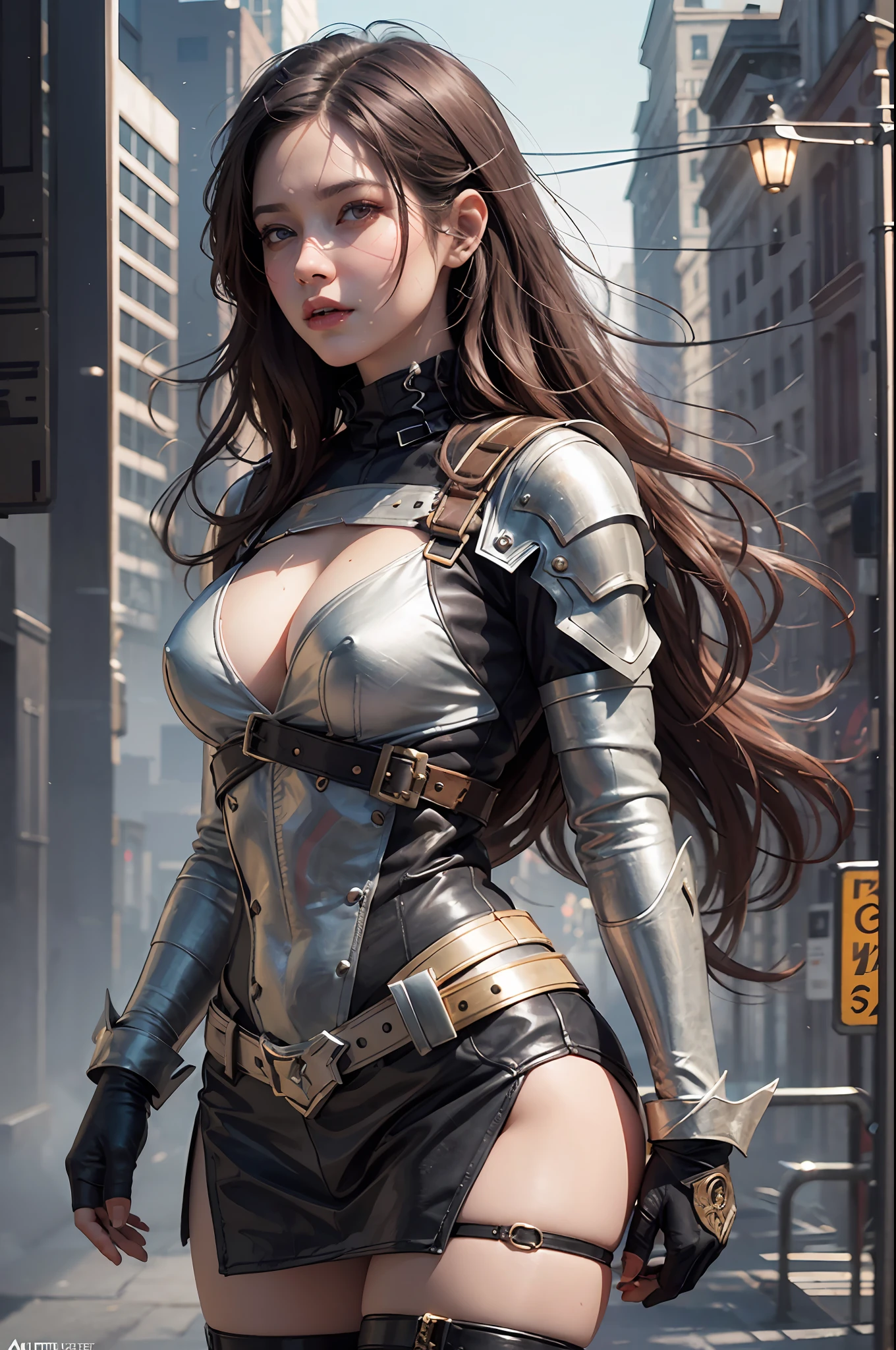 (extremely detailed CG unity, 8k wallpaper), (best illumination, best shadow, ultra-detailed), (stunning art), woman in leather outfit walking down street with mask on, a character portrait inspired by Magali Villeneuve, trending on Artstation, fantasy art, amazing 8k character concept art, wojtek fus, stunning character art, epic exquisite character art, graphic artist magali villeneuve, portrait knight female, artgerm craig mullins, craig mullins and artgerm, female assassin