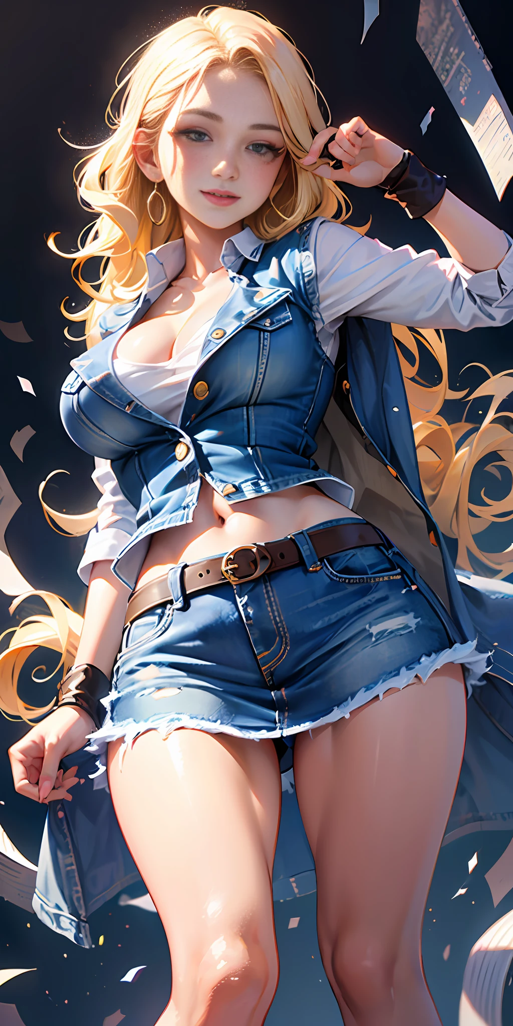 (Masterpiece: 1.4, Best Quality), (Intricate Details), Unity 8k wallpaper, super detailed, beautiful and beautiful, perfect lighting, (1 girl), (blonde hair, black eyes, big breasts), dynamic pose, dynamic angle, lipstick, big breasts, detailed background, realistic, solo, perfect detailed face, detailed eyes, highly detailed, blush, hair accessories, smile, (denim vest, no underwear, open vest, exposed internal test breasts: 1.5), exposed navel, (super short denim skirt:1.5), thin waist, big ass, standing, (Long wavy, curly, long wavy), long hair, femininity, knees