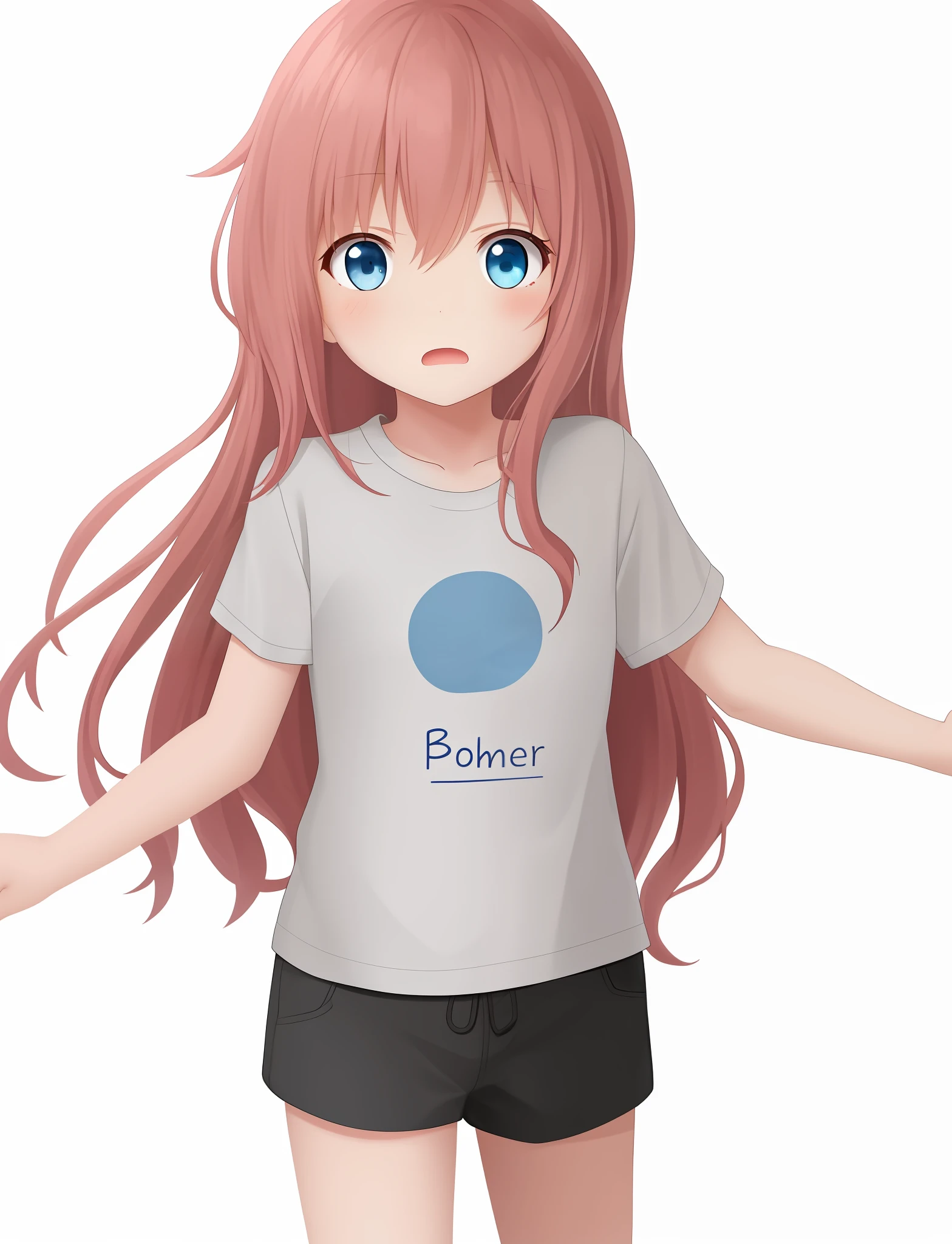 Generate an image of a little girl loli, she is standing in front of an open bedroom door. She is cute, has long pink hair, blue eyes and is wearing a white T-shirt and short black shorts. She has an expression of fear.