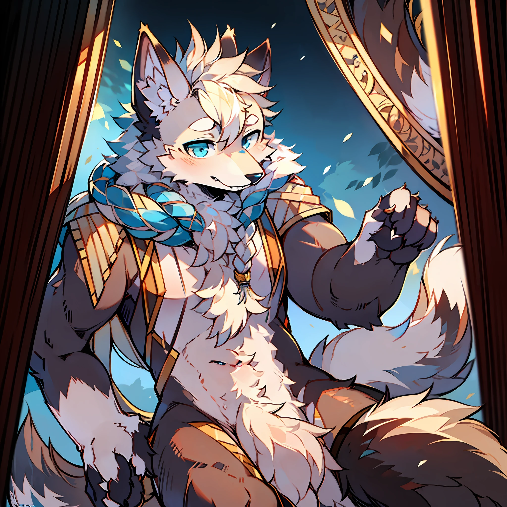 Single, furry male, furry, wolf, canine, white fur, golden and blue eyes, large tail, long braids