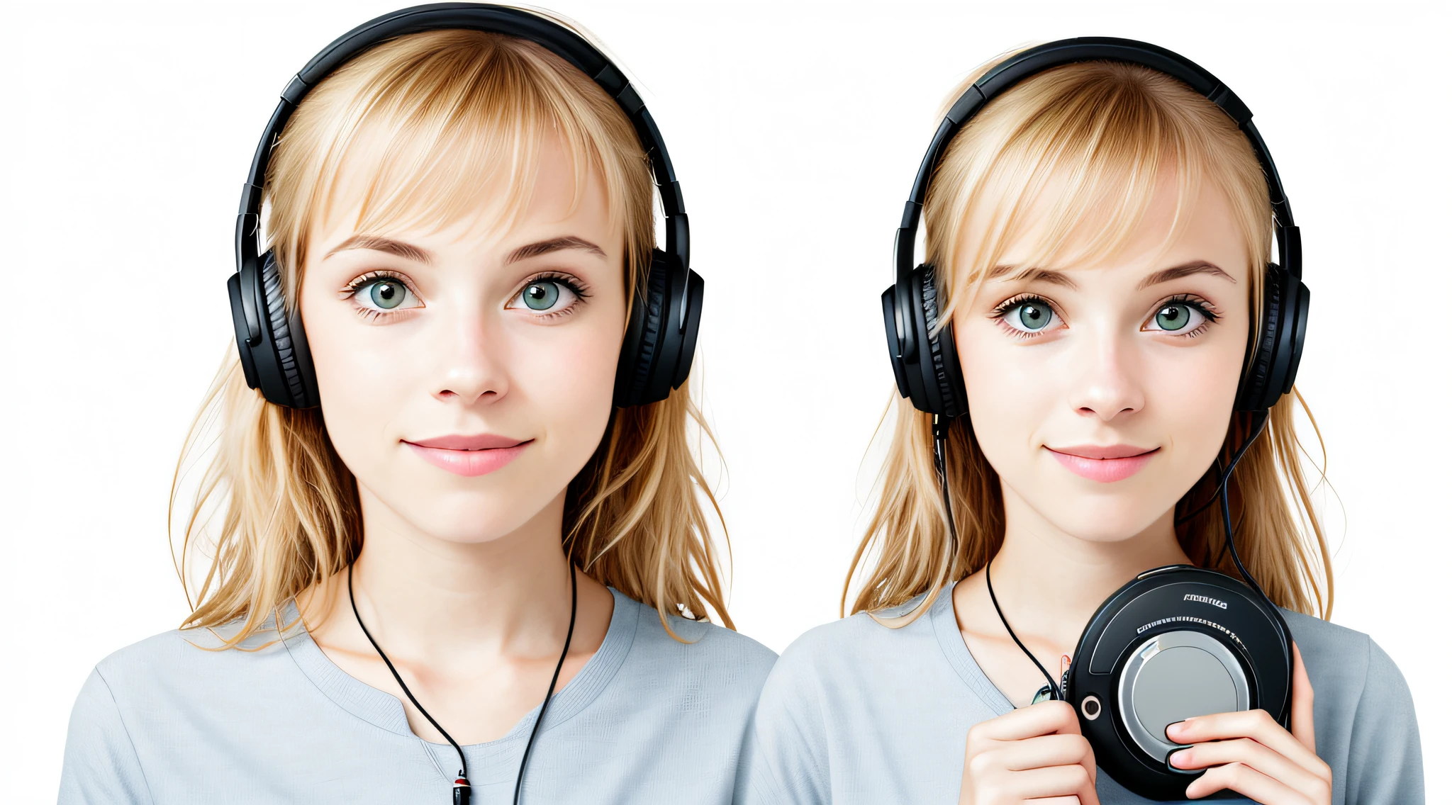 ENINA BLONDE CHILD, PORTRAIT, INFINITE WHITE BACKGROUND, WITH DISCMAN.