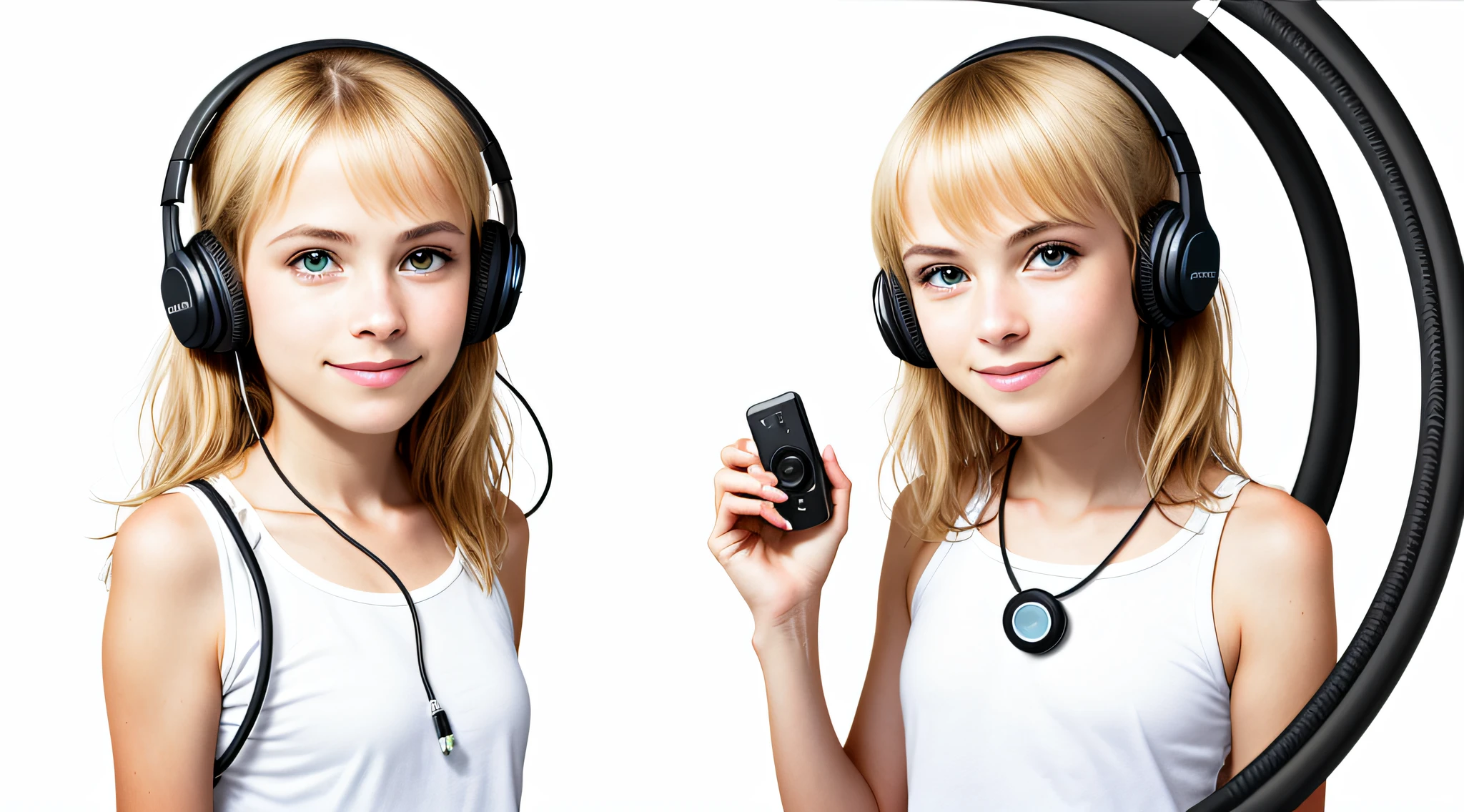 ENINA BLONDE CHILD, PORTRAIT, INFINITE WHITE BACKGROUND, WITH DISCMAN.