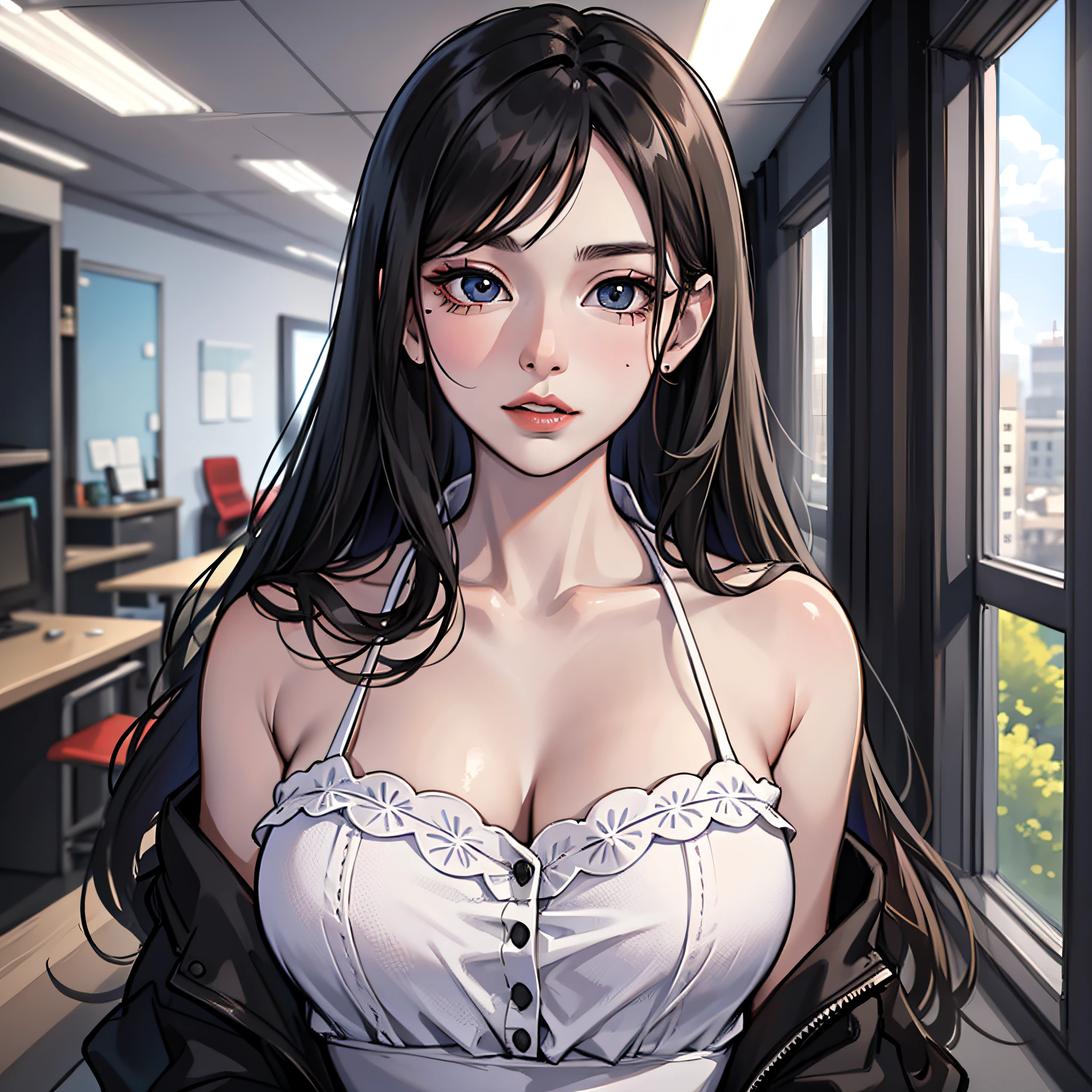 A woman with long black hair, wearing a white dress, in office, 4K, high resolution