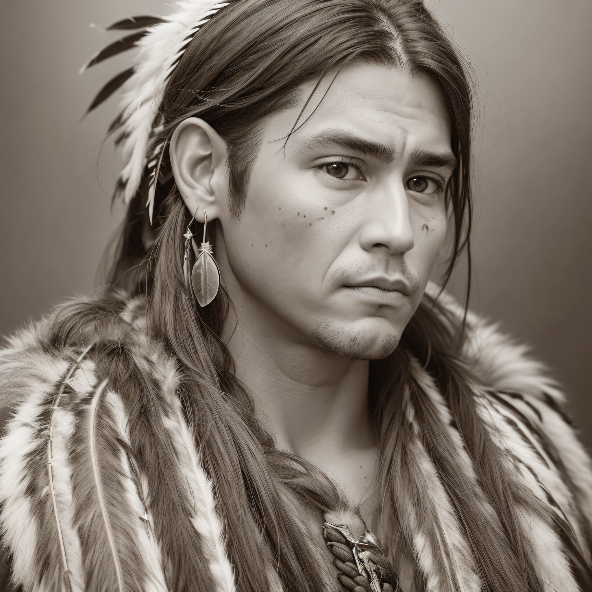 Create an ultra-high-resolution masterpiece portrait of a male American Indian with a clean-shaven face, capturing the raw essence and rich heritage. The image should showcase intricate details, bringing the subject to life with hyper-realistic precision. Utilize the highest possible resolution, providing stunning clarity and depth in every pixel, at an extraordinary 8K resolution. --auto --s2